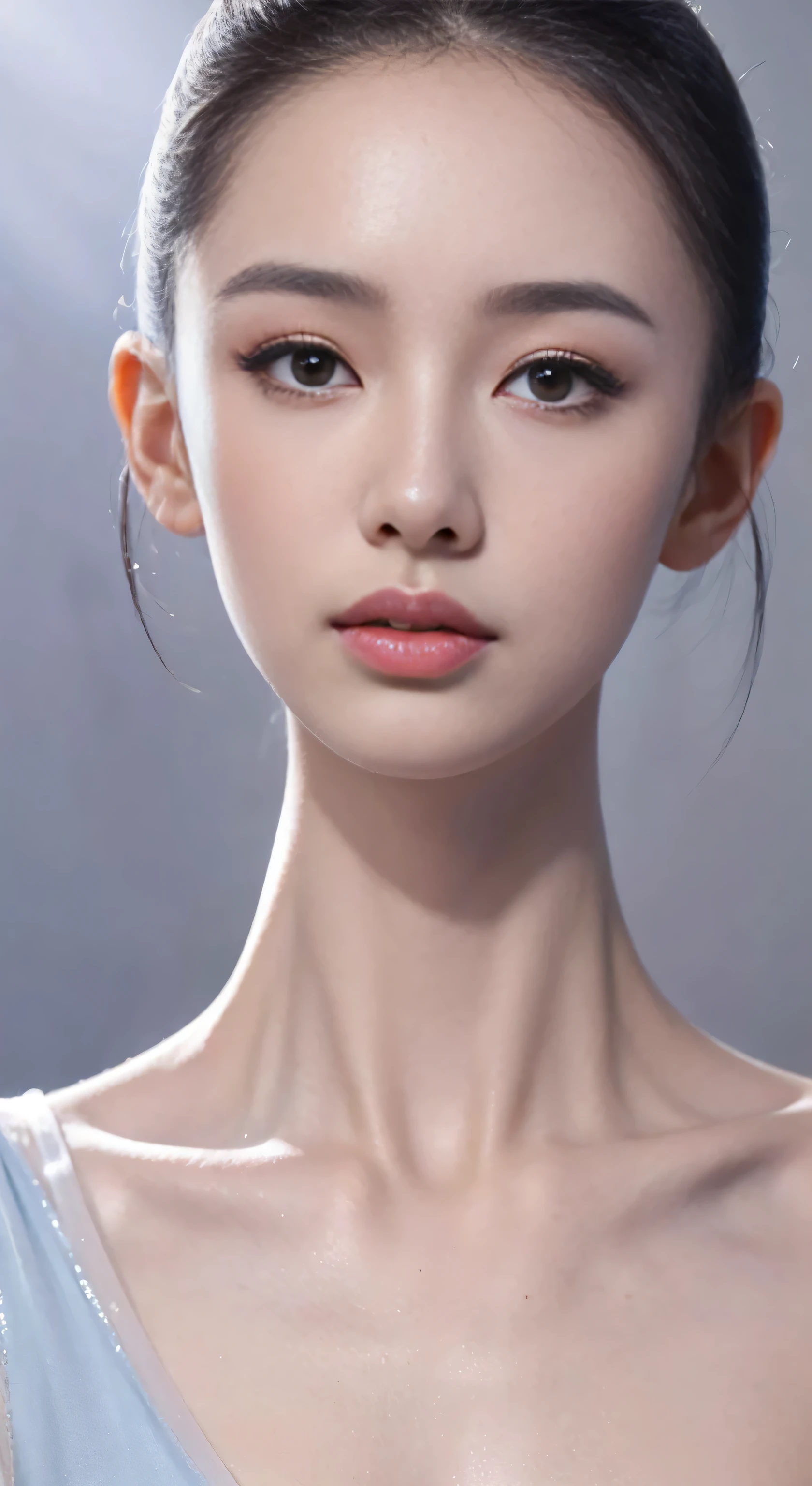 fashion model 18 years old [[[[Close-up face]]]], [[[[]]]], [[[[rape]]]], perfect eyes, perfect iris，perfect lips，perfect teeth，Perfect skin，Has fair skin，long face，slender nose，girl face，((Chinese ballet dancer&#39;s face))，Keep your eyes on the camera，A delicate face，Looking at the camera with sexy and attractive eyes，Eyes full of resentment，take off shoulders，show your neck，low cut clothes，Raised sexy，Slim，（((face close-up:1.4))），gray background，4k ultra high definition, ultra high resolution, (lifelike: 1.4), best quality，masterpiece，（pastel colors：1.2），（face front view:1.4)