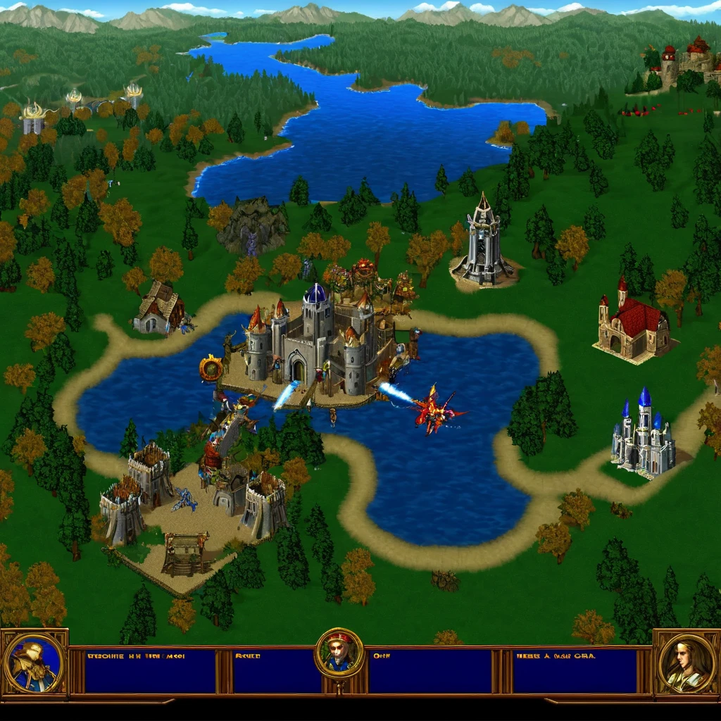 Heroes of Might and Magic III  Screenshot of the Screen Saver screen of the game. Full stylisation of the graphics as in the game. Masterpiece nostalgic digital art.