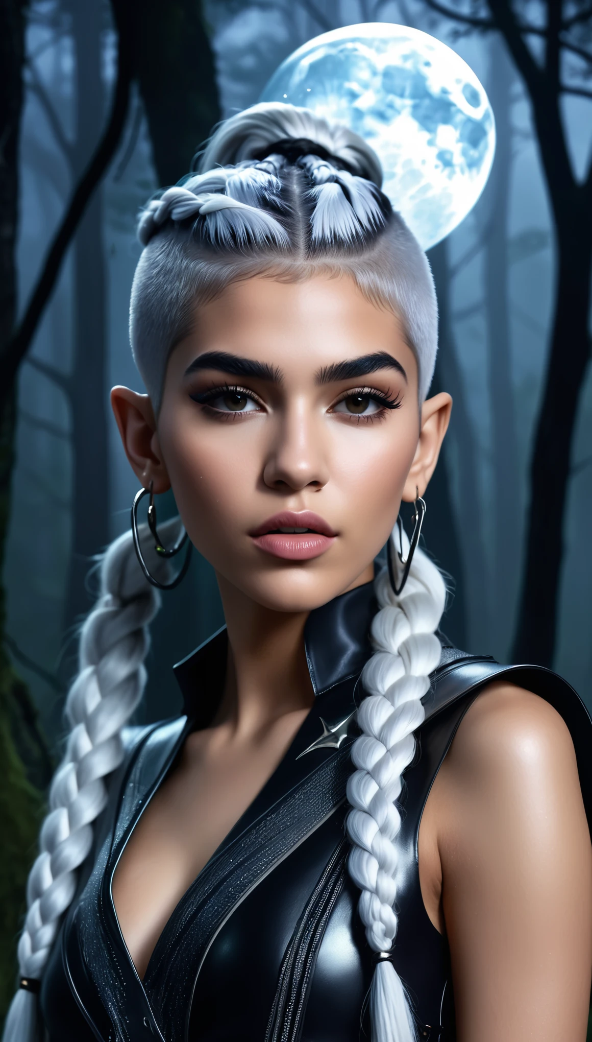 (Dark elf witch), the face of zendaya:Dua lipa, pointy ears, grey skin, white hair, (high top fade haircut), (one braid in one side of the head), masterpiece, dark forest in the background, fog, in the night, full moon ligth, 8k, detailed digital art, piercings.