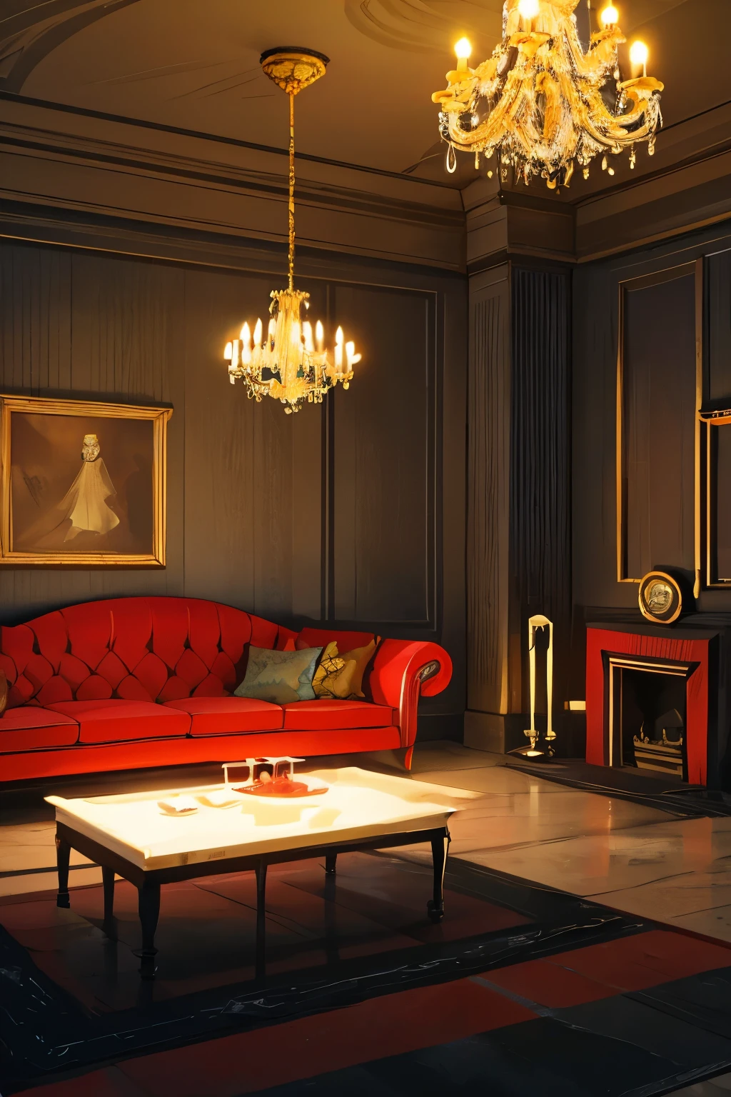 arafed room with a red couch and a chandelier and a fireplace, dreamy atmosphere and drama, maximalist art nouveau, inspired by Joseph Wright of Derby, victorian room, room of a dark mansion, elegant and ornate, gothic mansion room, ornate and elegant, 1 9 2 0 s room, art nouveau octane render, art nouveau environment, ornate retreat,red
