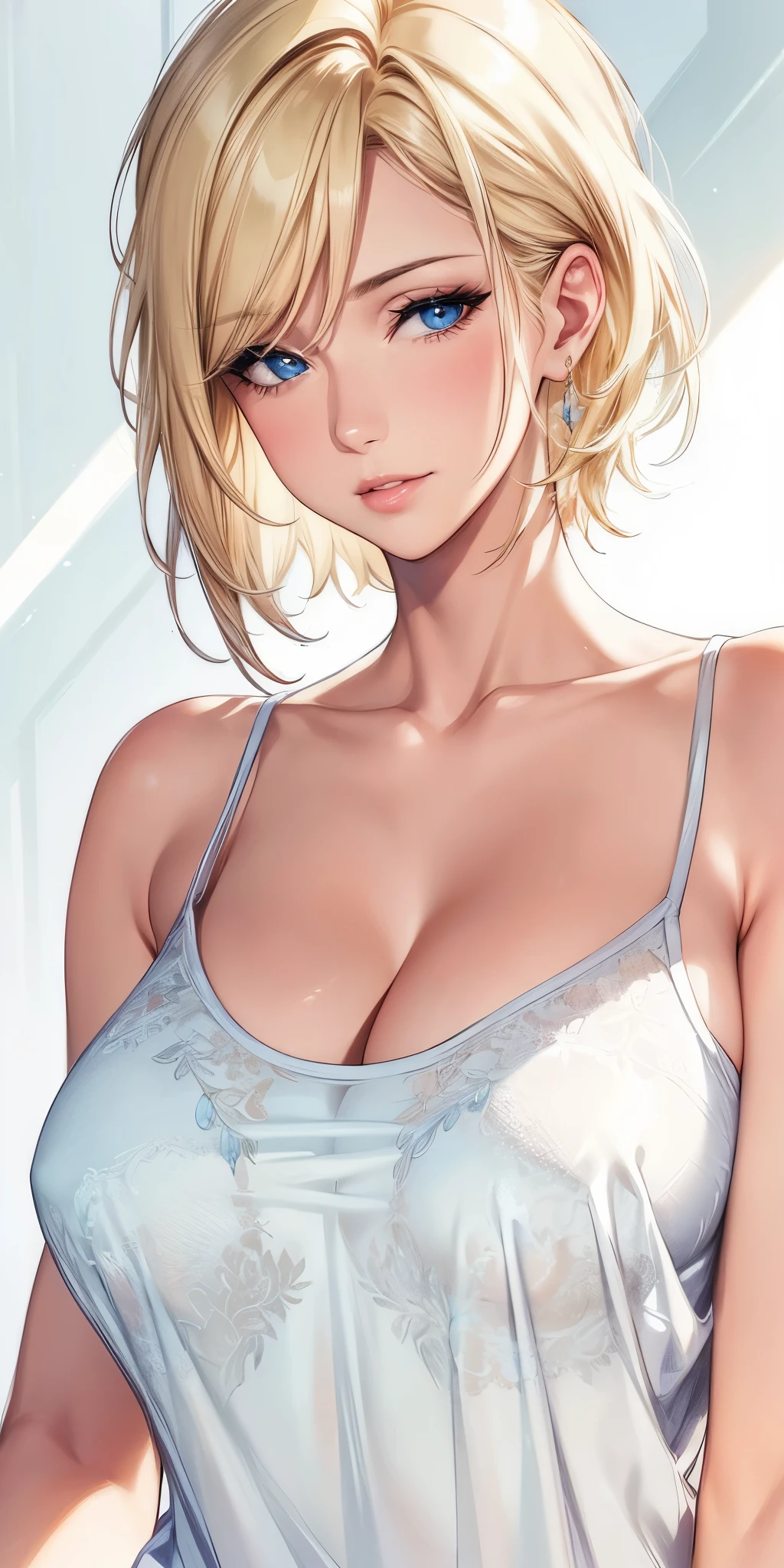 portrait, portrait, Elegant mature woman, blue eyes, blonde, big breast, transparent camisole, see through nipple, high resolution cg 8k, beautiful cg, soft light