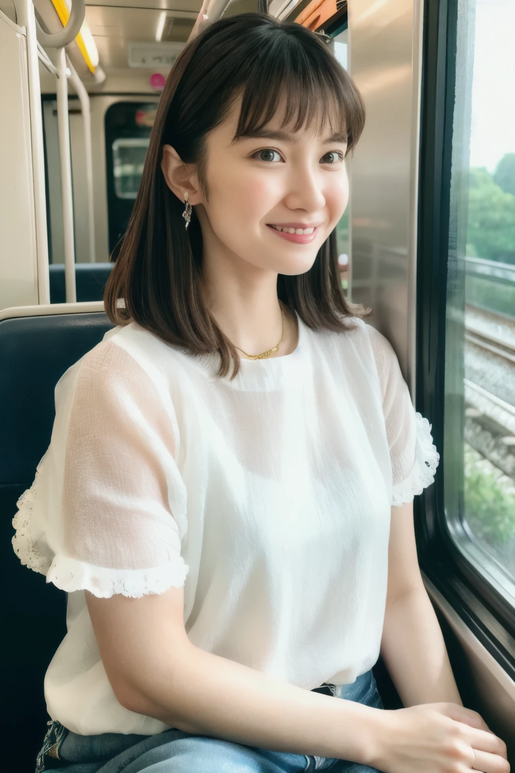 masterpiece,beautiful,very detailed,exquisite,smile,white blouse,Saya E235, Inside the train,sit on the seat,strap