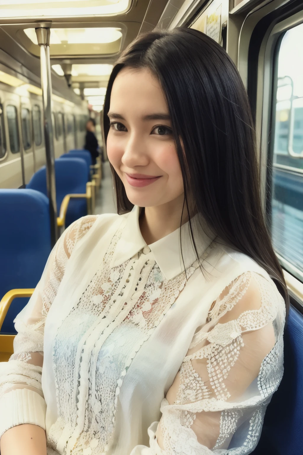 masterpiece,beautiful,very detailed,exquisite,smile,white blouse,Saya E235, Inside the train,sit on the seat,strap