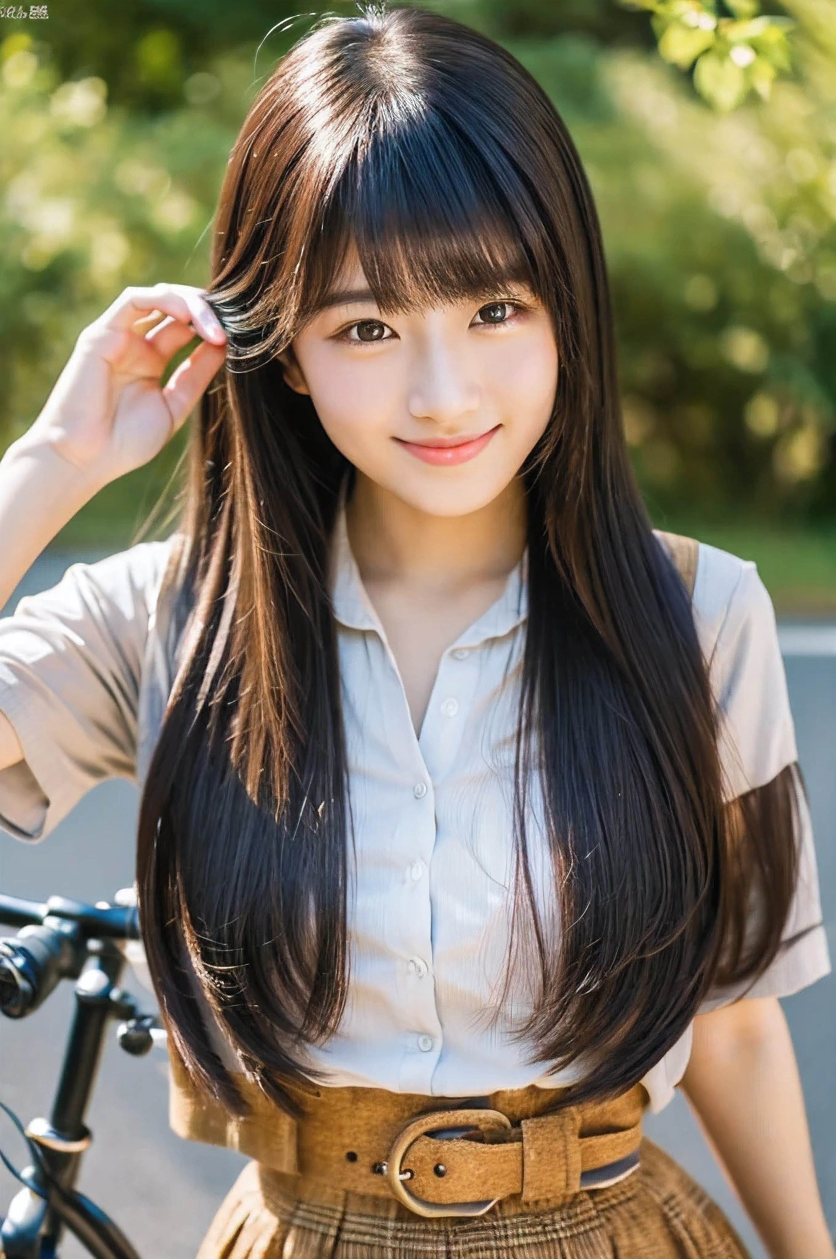 8K、highest quality、masterpiece、超A high resolution、photograph、The elegance of beautiful Japanese women、Single-lens reflex camera、There are some good ones too、A transparent atmosphere、sexy lip、slanted bangs、beautiful face、medium long hair、make bangs、smile、natural soft light、22 year old girl wearing a suit、wear a skirt、country road、riding a bicycle