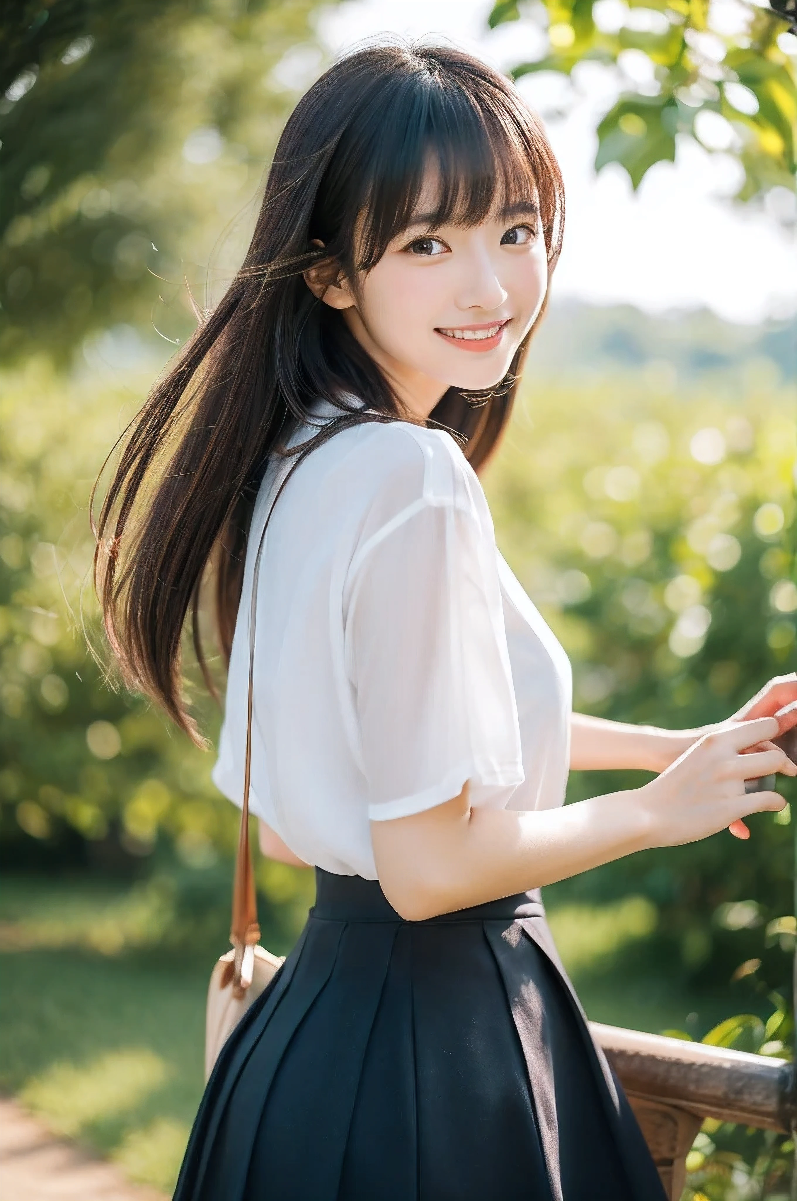 8K、highest quality、masterpiece、超A high resolution、photograph、The elegance of beautiful Japanese women、Single-lens reflex camera、There are some good ones too、A transparent atmosphere、sexy lip、slanted bangs、beautiful face、medium long hair、make bangs、smile、natural soft light、22 year old girl wearing a suit、wear a skirt、country road、riding a bicycle