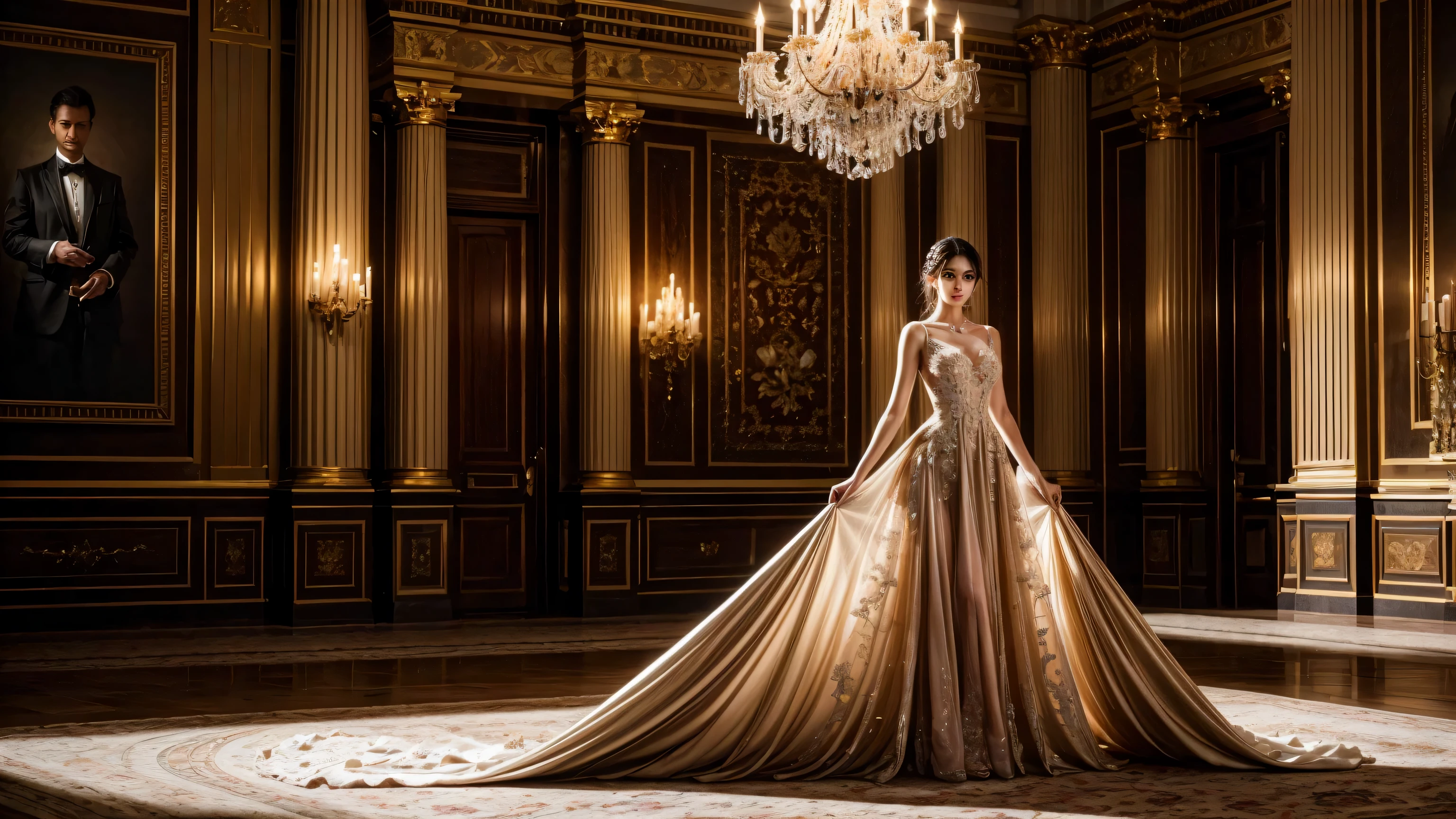 The image depicts a grand ballroom bathed in soft, ethereal light. At the center of the room stands a woman fashion model, her presence commanding attention. She wears a magnificent Floral Appliques Ruched Bust Mesh Tube Formal Dress, its fabric flowing gracefully to the floor in a very long, elegant train. The dress features intricate floral appliqués delicately adorning the bodice, adding a touch of exquisite detail to the ensemble. Despite the length of the dress, it maintains its allure without revealing much of the body, emphasizing elegance over exposure. The model strikes a regal standing pose, her posture straight and poised, emanating confidence and sophistication. Her hands rest gently by her side, adding to the graceful allure of her stance. Her gaze is steady, captivating the viewer with an air of understated allure. In the background, the ballroom exudes opulence, with grand chandeliers casting a warm glow and luxurious furnishings adorning the space. The setting complements the extravagance of the dress, emphasizing the luxury and refinement it represents. Overall, the image captures the essence of timeless elegance and sophistication, inviting viewers to immerse themselves in the world of luxury fashion while maintaining modesty and grace
