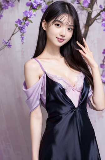 best quality, detailed, beautiful, insanely detailed, absurdres,perfect anatomy,
Japanese woman,black hair,27 years old,
(slender),
(small breasts),
delightful, smiling, walking, waving at the camera, looking at viewer, flipped hair, (beautiful long dress, silk cloth, pink violet Clothes:1.2),(Exposing cleavage:1.2), full body shot, wide shot, (bloom:1.1),