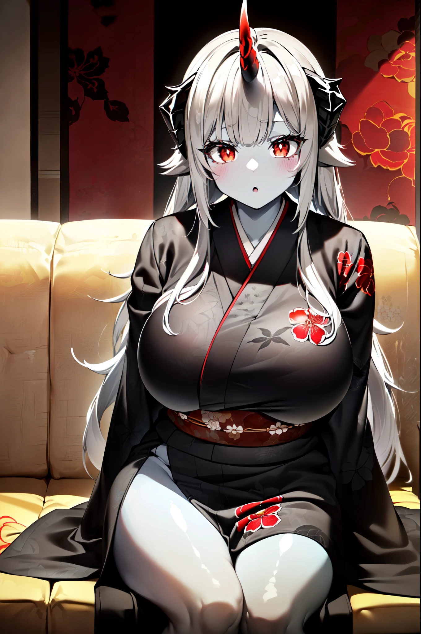 masterpiece, high quality, extremely detailed, 1girl, mature female, solo, (colored skin, black skin:2), w arknights, (huge breasts:1.3), ((((gray hair), long hair, red eyes, slit pupils, demon horn))), parted lips, (((uchikake, kimono, floral-print kimono)), ((blush, :o), closed mouth), ((sitting on a sofa, living room))