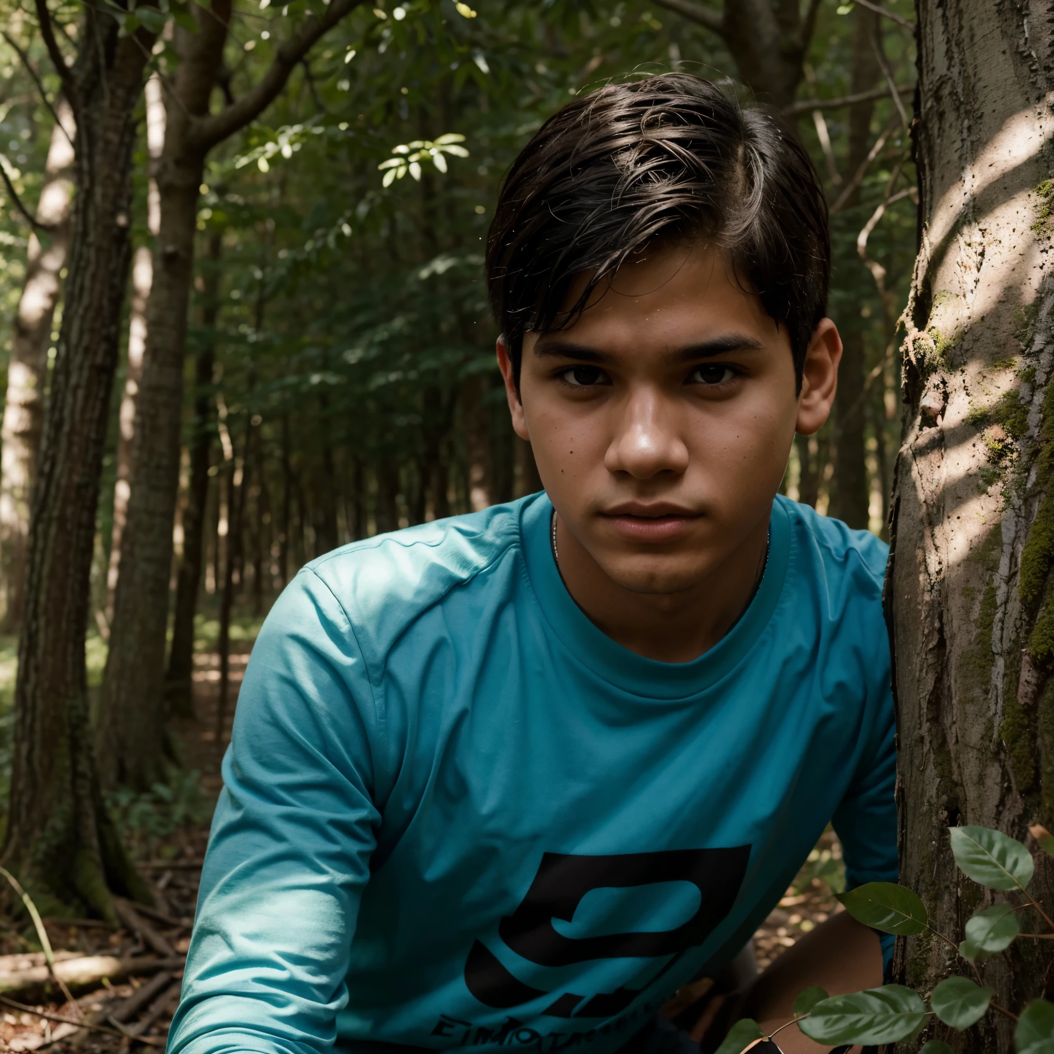 El Joven Erudito: An illustration by Nathaniel, el joven erudito, sosteniendo el tomo encuadernado en piel humana mientras se adentra en el bosque. He could show his expression of determination mixed with a hint of fear.
