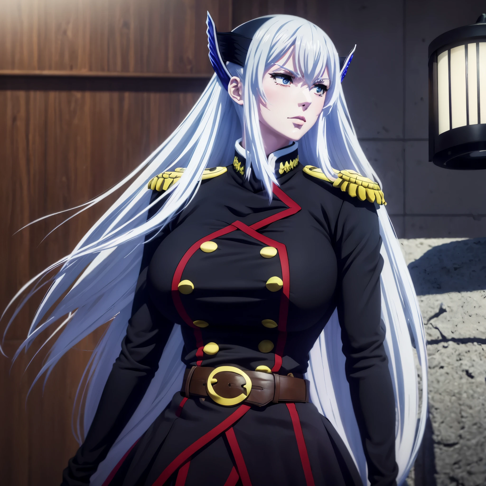 Kyouka Uzen beautiful tall attractive woman with white hair and big breasts in black uniform with the best quality best effects best shadows best lighting 8k 