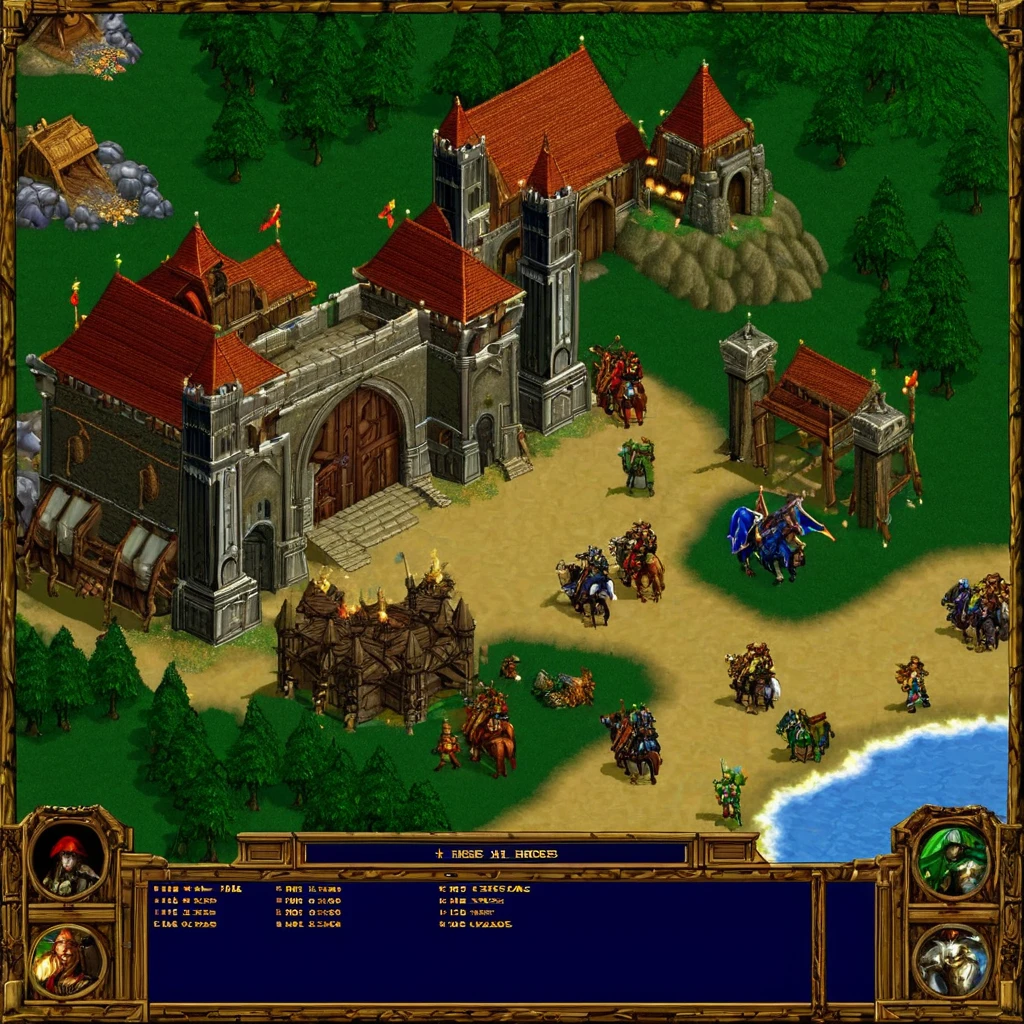 screen "Heroes  III"( text "Heroes  III") . Heroes of Might and Magic III  Screenshot of the Screen Saver screen of the game. Loading scale at the bottom. Full stylisation of the graphics as in the game. Masterpiece nostalgic digital art. 