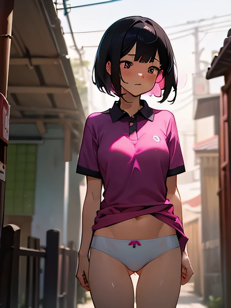 40&#39; No bra, lower body, Japanese, very short, pubic hair, transparent underwear, beautiful breasts, embarrassing, Shyness, worries, Alley,magenta polo shirt,black hair