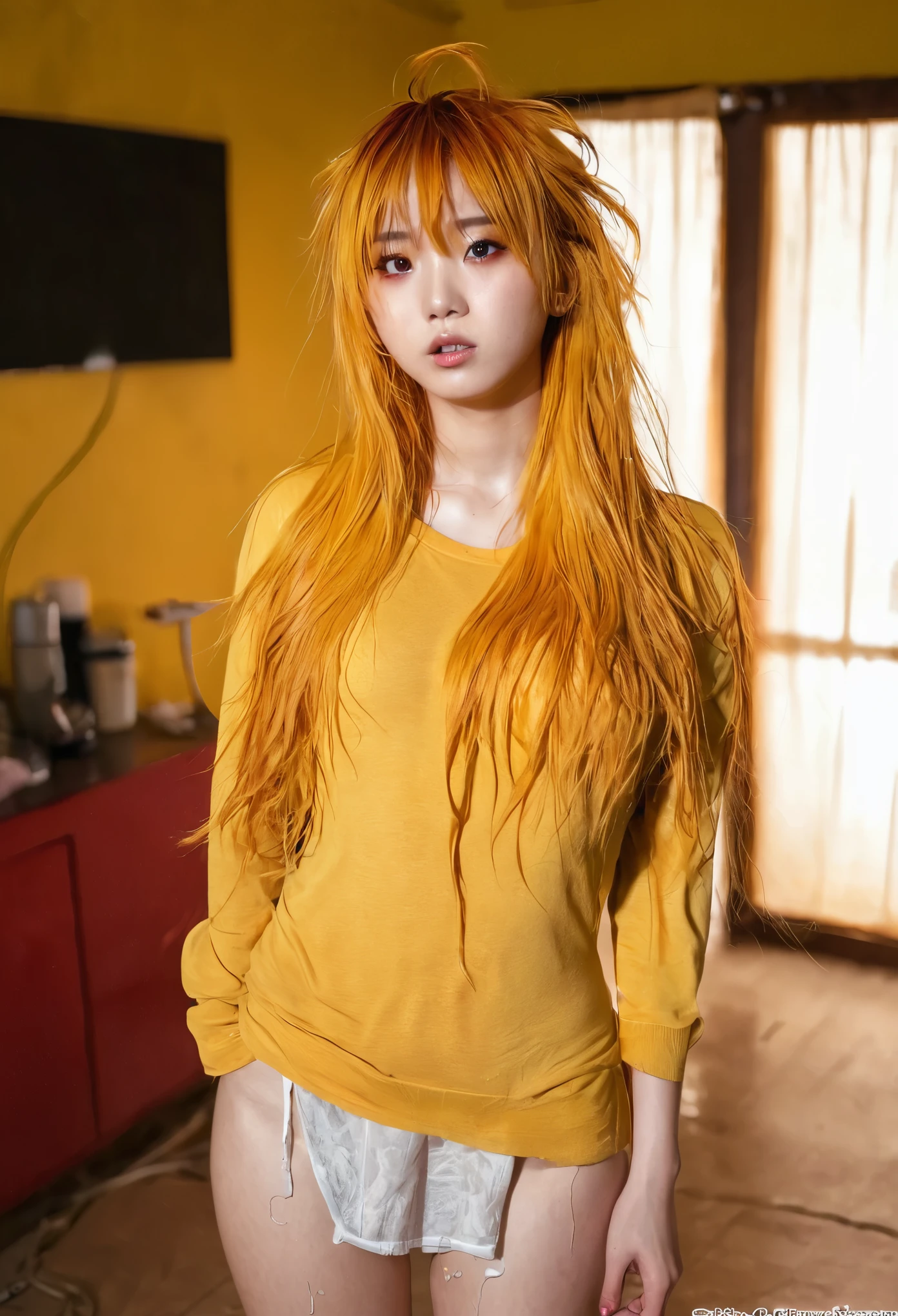 Nsfw、nude、back view、(((1 girl))), ((((alone)))), ((messy hairstyle)), stand and take a photo, (((reddish yellow hair)), red eyes