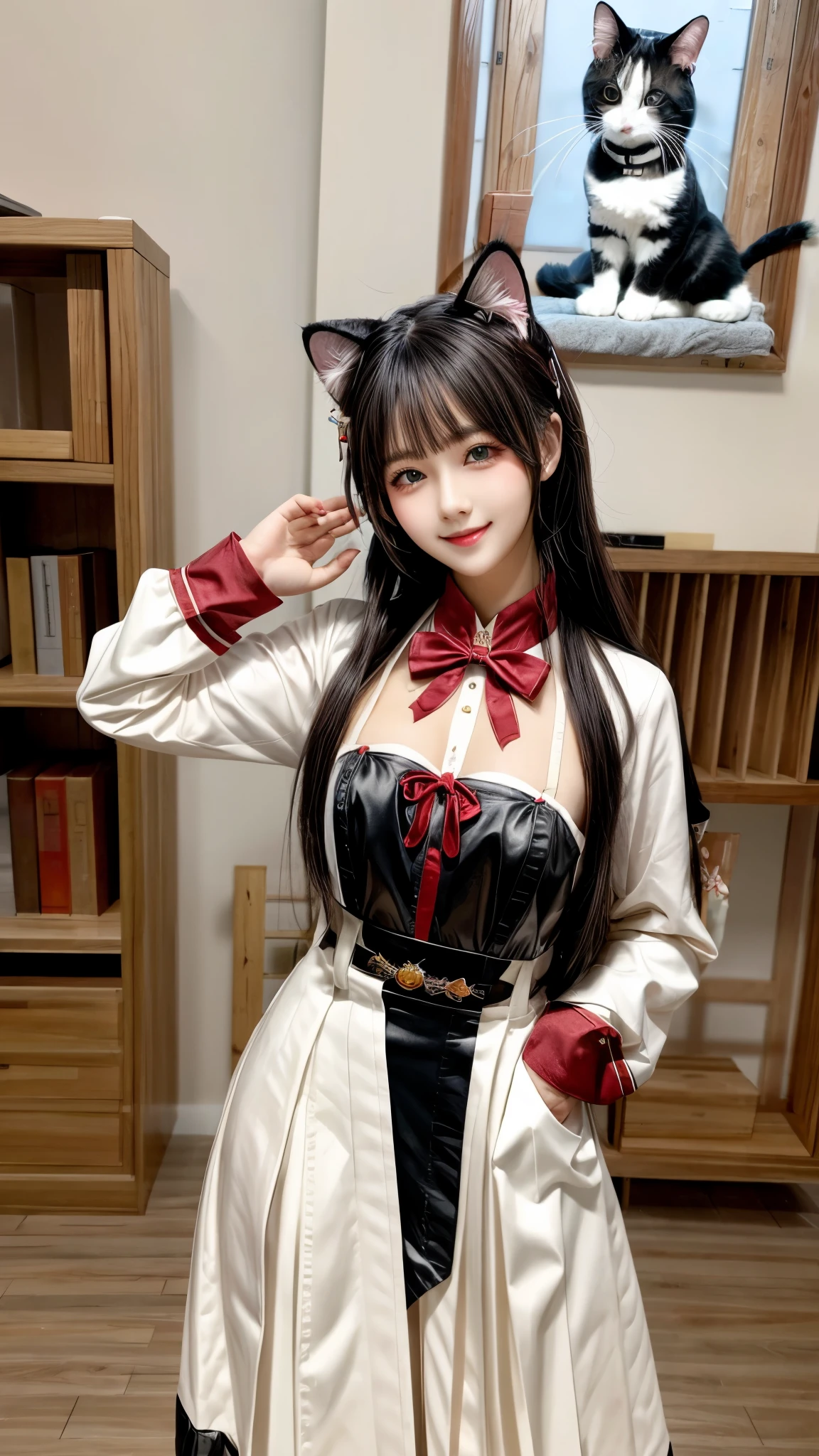 (masterpiece, best quality), 1 beautiful girl, cat ears, Smile, slim, (Uniforms:1.1), (Detailed beautiful eyes), paw mittens, bedroom, indoors,