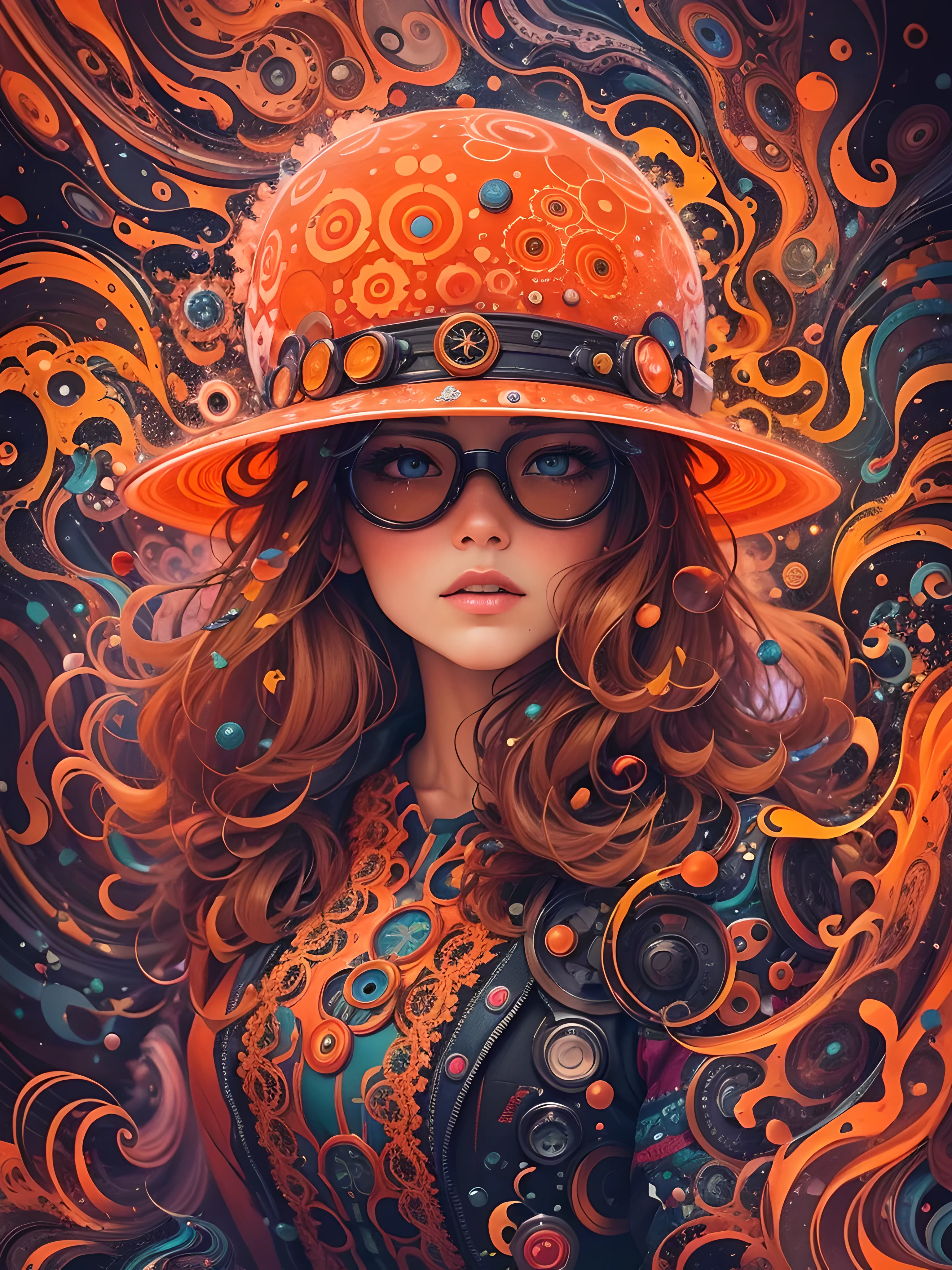 ((best quality)) , ((masterpiece)) , ((details)) ,1 female,pretty,Very dark inside,Newsboy hat,chestnut hair,lace,Fluorescent orange,goggles,psychedelic style . vibrant colors, swirling patterns, abstract forms, surreal, trippy