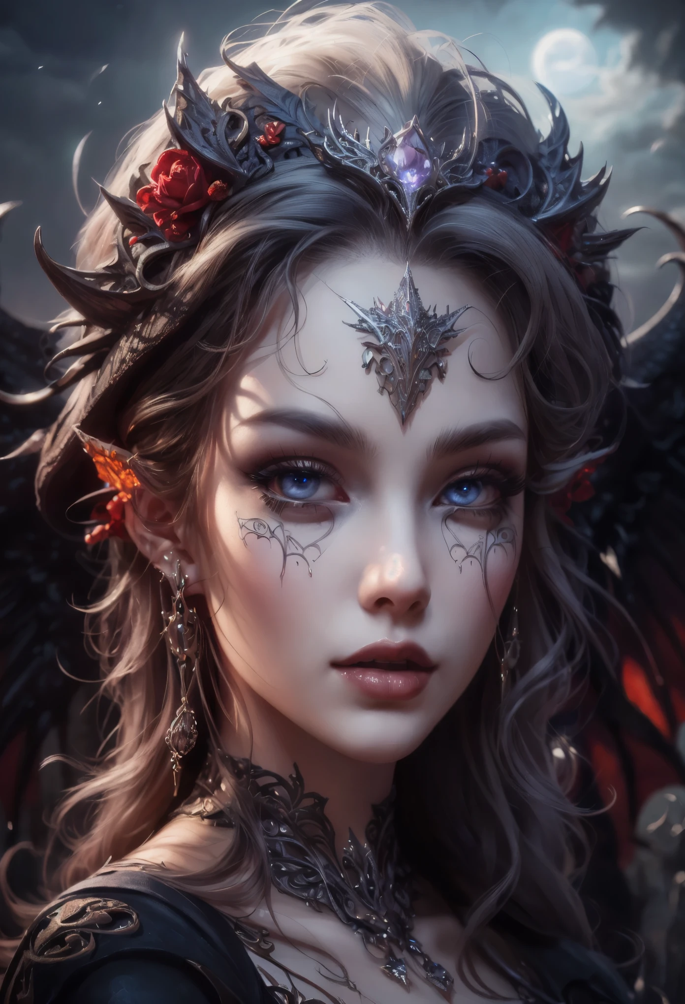 fantasy art, gothic art, (masterpiece:1.5), full body best details, highly detailed, best quality, Glowing Purple, highres, full body portrait of a vampire, elf (Masterpiece, best quality: 1.6), ultra feminine, wizard, (intricate details, Masterpiece, best quality: 1.5) with a long curvy hair, light color hair, blue eyes, (fantasy art, Masterpiece, best quality), ((beautiful delicate face)), Ultra Detailed Face (intricate details, fantasy art, Masterpiece, best quality: 1.5), [[vampiric fangs 1.5]] (red cloak: 1.3) , flowing cloak (intricate details, fantasy art, Masterpiece, best quality: 1.3), wearing an intricate black dress (intricate details, fantasy art, Masterpiece, best quality: 1.5), high heeled boots, urban background (intense details, beat details), fantasy, at night light, natural ,moon light, clouds, gothic atmosphere, soft light, dynamic light, [[anatomically correct]], high details, best quality, 8k, [ultra detailed], masterpiece, best quality, (extremely detailed), dynamic angle