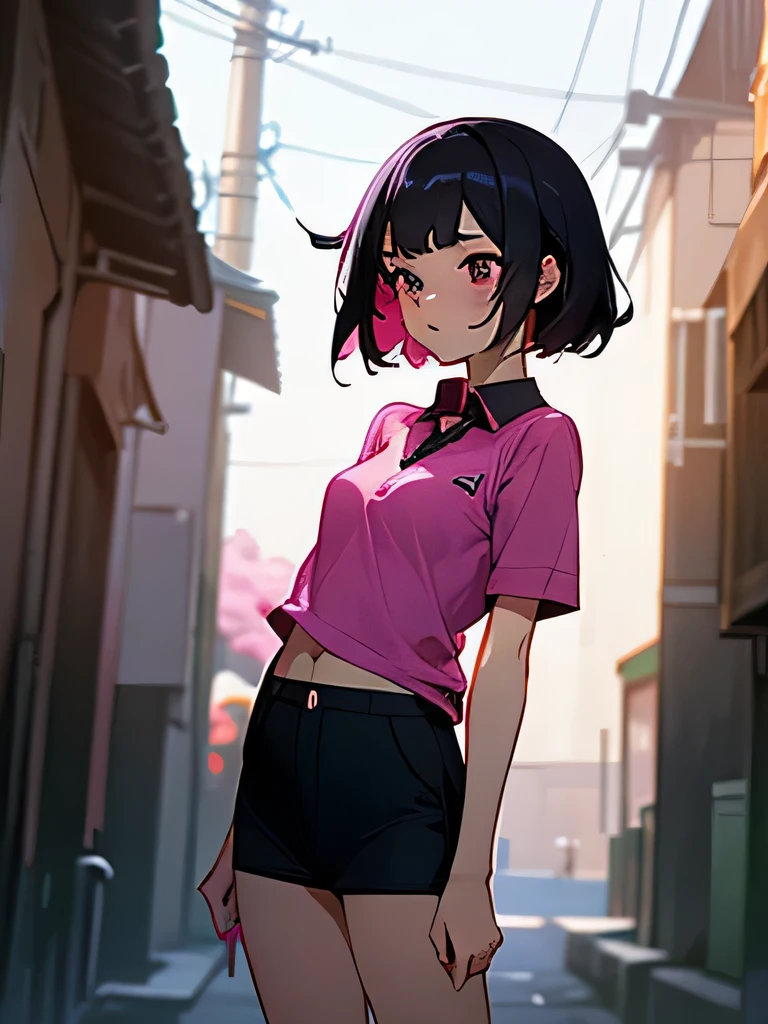 40' No bra, lower body, Japanese, very short, pubic hair, transparent, beautiful breasts, embarrassing, Shyness, worries, Alley,magenta polo shirt,black hair small underwear