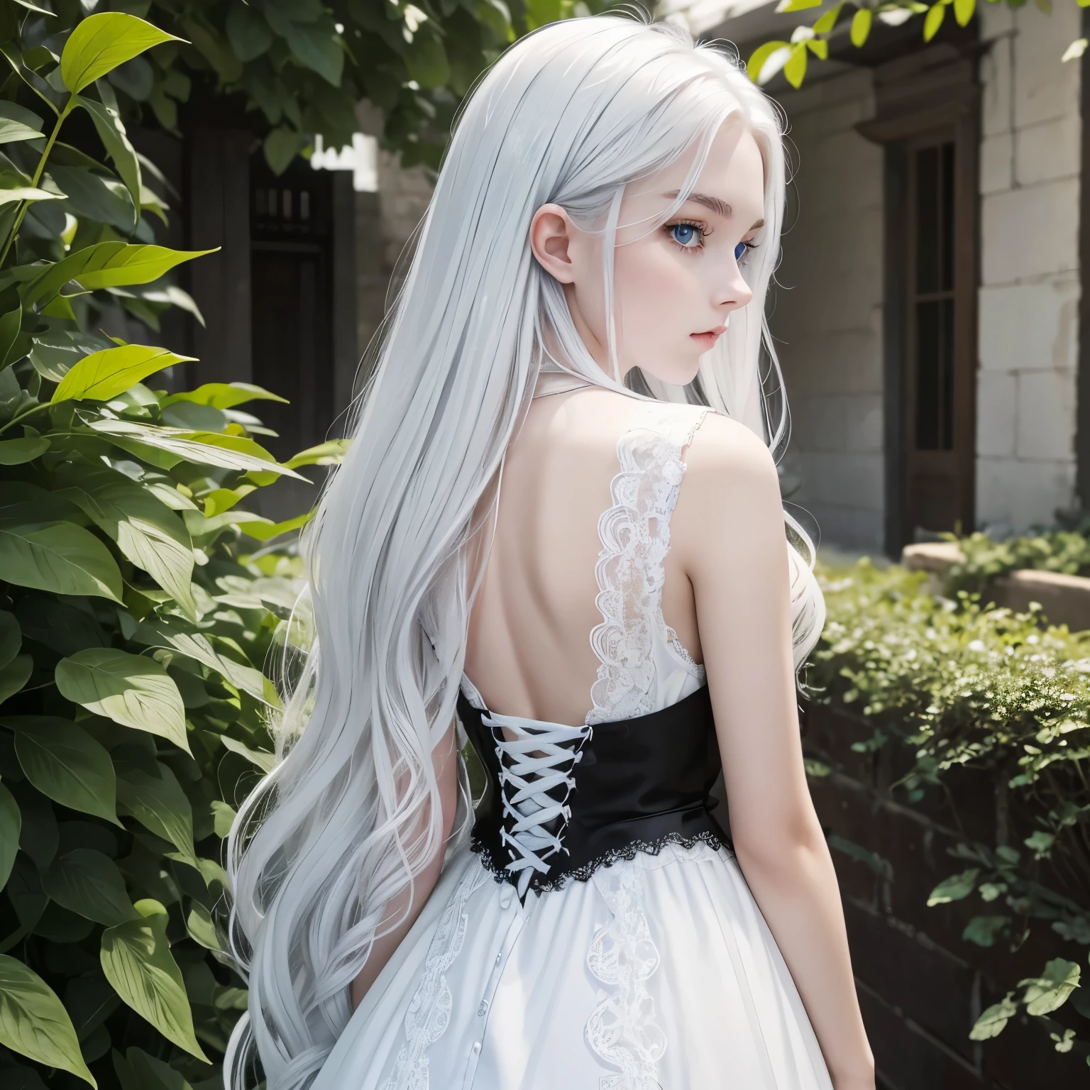 An 18 year old age girl, with long, straight, silvery white hair that reaches the base of her back,bright and clear blue eyes, natural pale white skin, very feminine, likes to wear black vintage dresses with beautiful lace, she is very beautiful