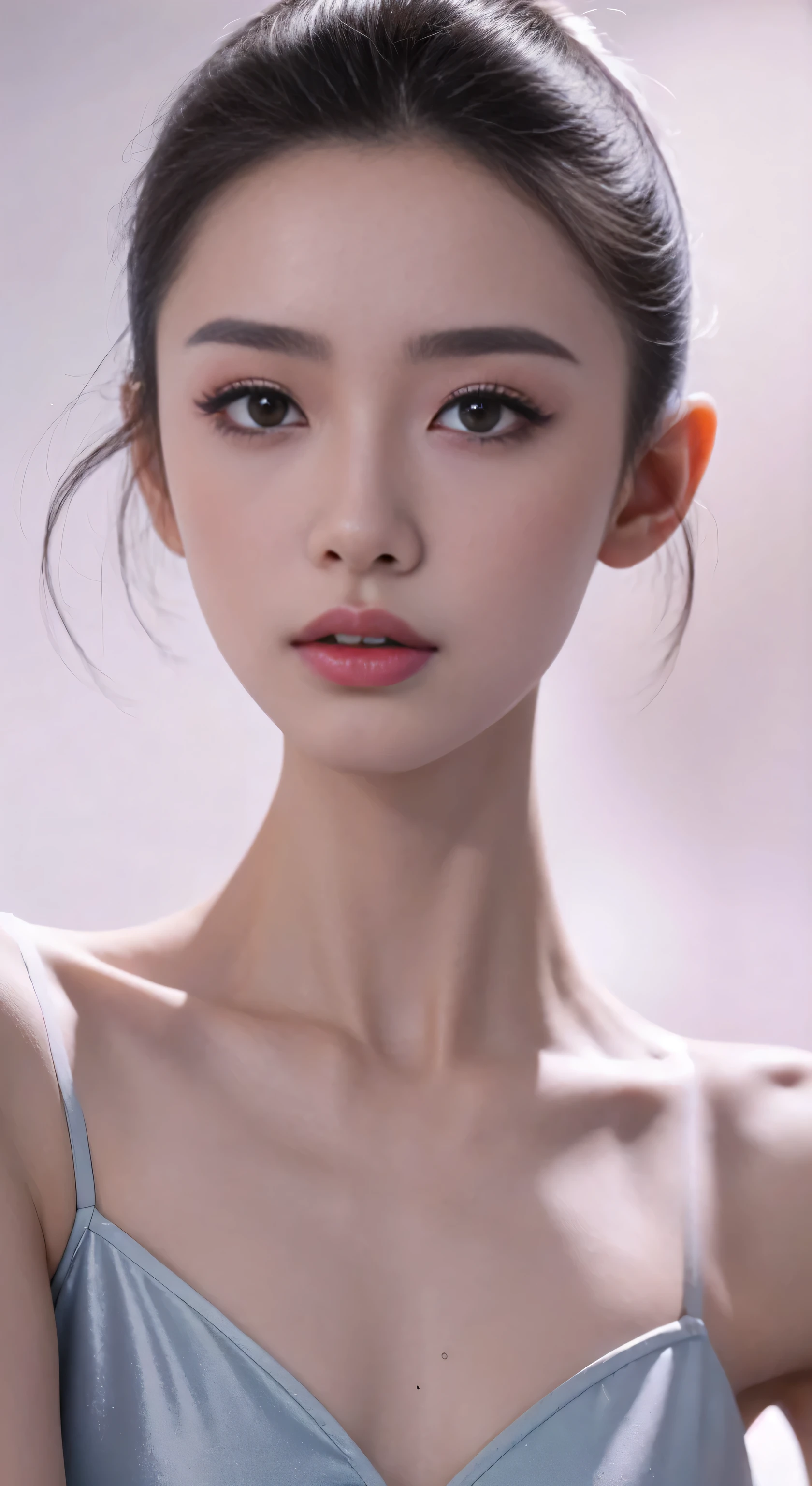 fashion model 18 years old [[[[Close-up face]]]], [[[[]]]], [[[[rape]]]], perfect eyes, perfect iris，perfect lips，perfect teeth，Perfect skin，Has fair skin，long face，slender nose，girl face，((Chinese ballet dancer&#39;s face))，Keep your eyes on the camera，A delicate face，Looking at the camera with sexy and attractive eyes，take off shoulders，show your neck，low cut clothes，Raised sexy，Slim，（((face close-up:1.4))），gray background，4k ultra high definition, ultra high resolution, (lifelike: 1.4), best quality，masterpiece，（pastel colors：1.2），（face shot:1.4)