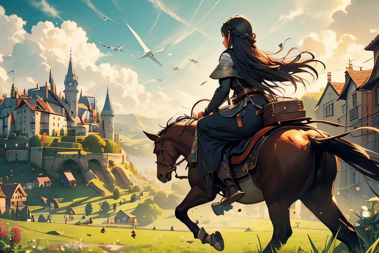 A breathtaking illustration featuring a young girl with long ebony hair intricately braided, gracefully riding towards a medieval cityscape. The scene includes detailed buildings, charming houses, lush green grass fields, depicted from a rear perspective. The mood is adventurous and nostalgic.