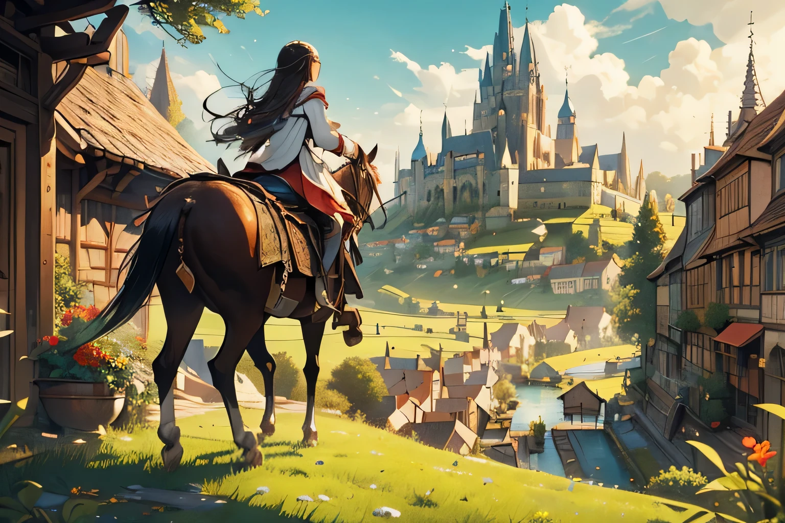 A breathtaking illustration featuring a young girl with long ebony hair intricately braided, gracefully riding towards a medieval cityscape. The scene includes detailed buildings, charming houses, lush green grass fields, depicted from a rear perspective. The mood is adventurous and nostalgic.