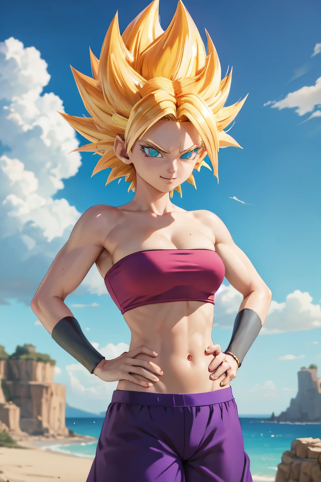 masterpiece, best quality,  ssjcaulifla, blonde hair, aqua eyes, tube top, purple pants, bracers, cowboy shot, looking at viewer, smile, furrowed brow, hands to hips, sky, clouds