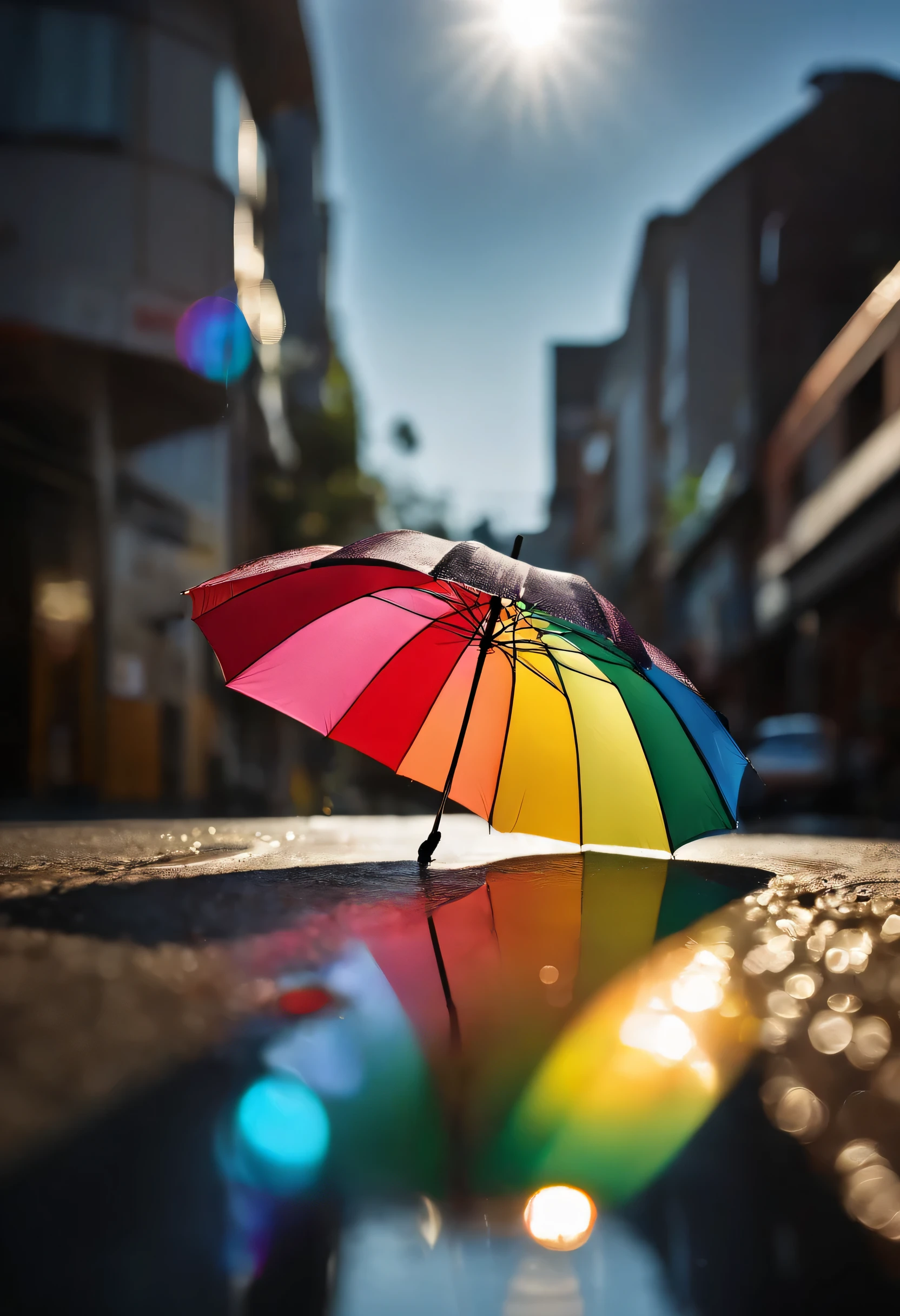 (best quality,ultra-detailed,realistic:1.37),(photography,concept artists),(vibrant colors),(soft sunlight),(closed umbrella),(reflection in puddles),(lens flare),broken transparent plastic umbrella,left open on the streets of Japan,after the rain,sunlight in spring,clear sky,rainbow,close-up of the umbrella,backlighting