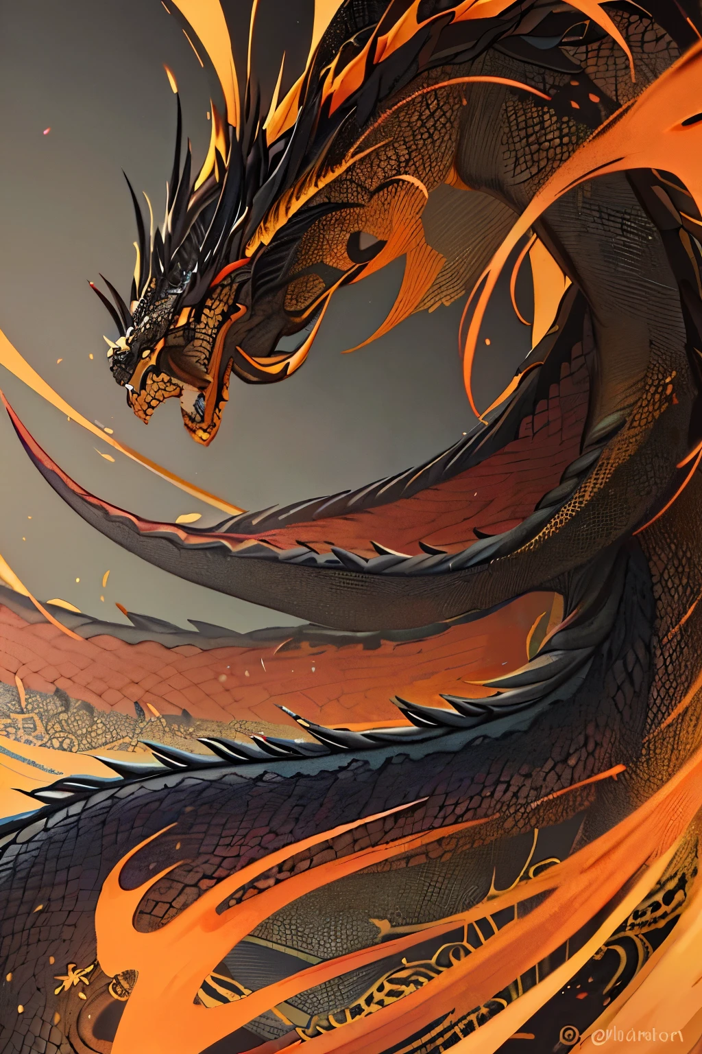In this stunning Chinese ink painting, the dominating and leaking Eastern dragon comes to life, its massive form embodying the strength and power of ancient mythology. Perched atop the dragon's back, the regal leader exudes a sense of authority and majesty, clad in golden and black robes fitting for his noble status.

The dragon's scales shimmer with intricate golden patterns against the black ink background, creating a captivating contrast that highlights its regal presence. The artist's masterful brushstrokes bring the dragon to life, from its fierce eyes and gapping mouth to its sinuous body and powerful claws.

The leader's expression is calm and res