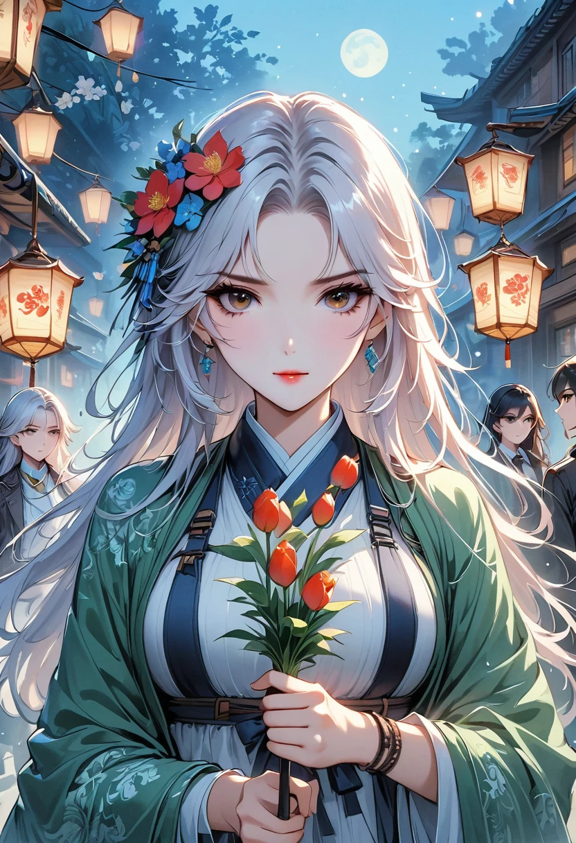 Rainy playground, Girl hits the umbrella above her head, The other hand holds an umbrella, blue denim, Masterpiece Superb Night Moon Full Moon 1 Female Adult, Sister Hua and Sister Yu have a cold face and long silver-white hair. A woman with light pink lips is calm and intellectual. A primary school student with three stripes of gray is walking on the street with assassin lanterns and flowers and balls in the background., long hair shawl,
