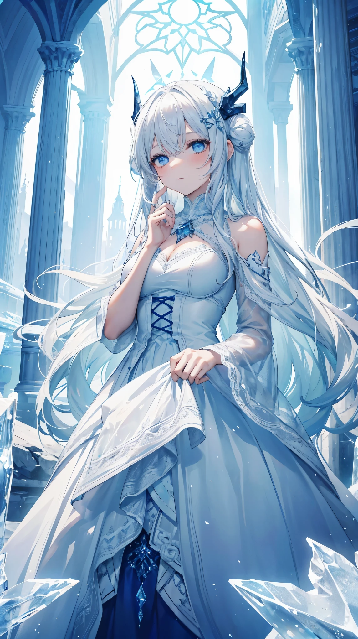 In a beautiful ice castle, There is a girl with horns. She is wearing a beautiful lace dress，White hair reaches the floor. around her, ice sculptures decorated, And her beauty is like in a dream.

girl stands quietly, But there seems to be deep sadness in her eyes. She seems to be looking for something，look around.