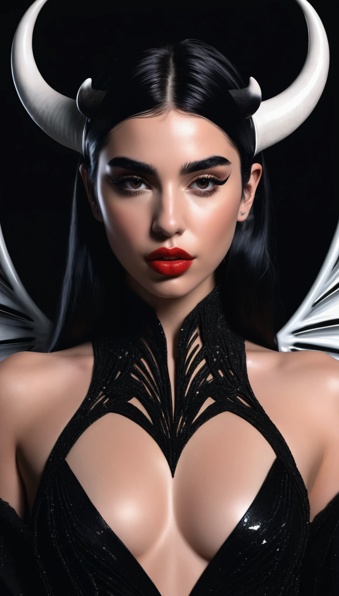 Succubus with the face of Emily Rudd: Dua Lipa, sensual pose, (symmetrical) concept art, dark fantasy background, abstract beauty, hyperdetailed, in the style of Brom