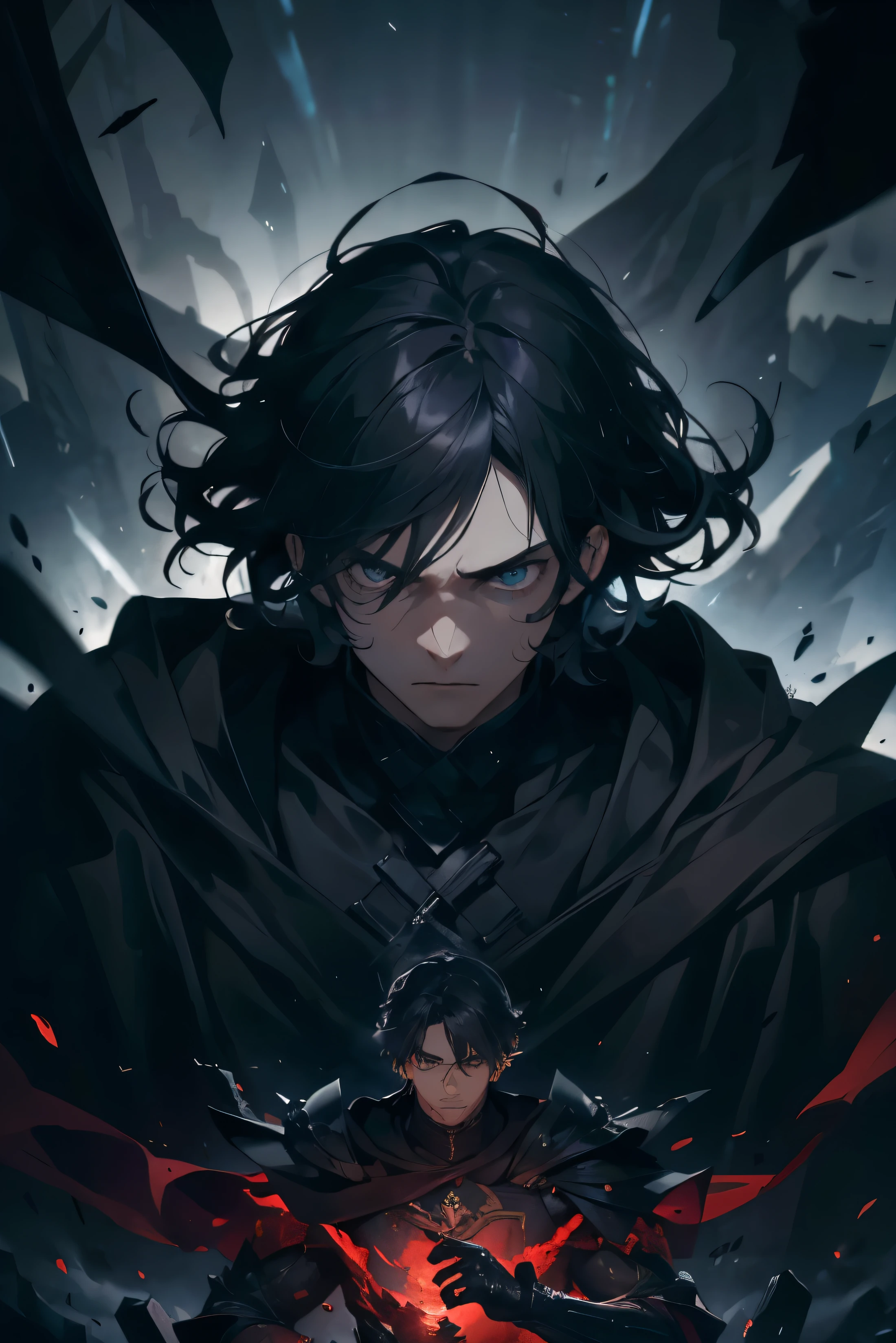 In an unparalleled masterpiece of the highest quality, a young man around the exudes a cold and calm demeanor, yet occasionally hints at a laughter waiting to erupt. He is surrounded by three formidable swords in the background, creating an atmosphere of impending strength. His short black hair seems to emanate a powerful aura.
He wears a long, mysterious black cloak, with his hair allowed to fall upwards, adding to the sense of strength. His face, full of emotion, is seen in a close-up, illuminated by the ominous aura of his enemies, while his eyes seem to carry the symbol of destruction.
His face is adorned with dust and small debris, adding to the impression of a fierce one-on-one battle. With a devastated landscape as the backdrop, the extraordinary quality of the image reinforces the sense of power and majesty he possesses.