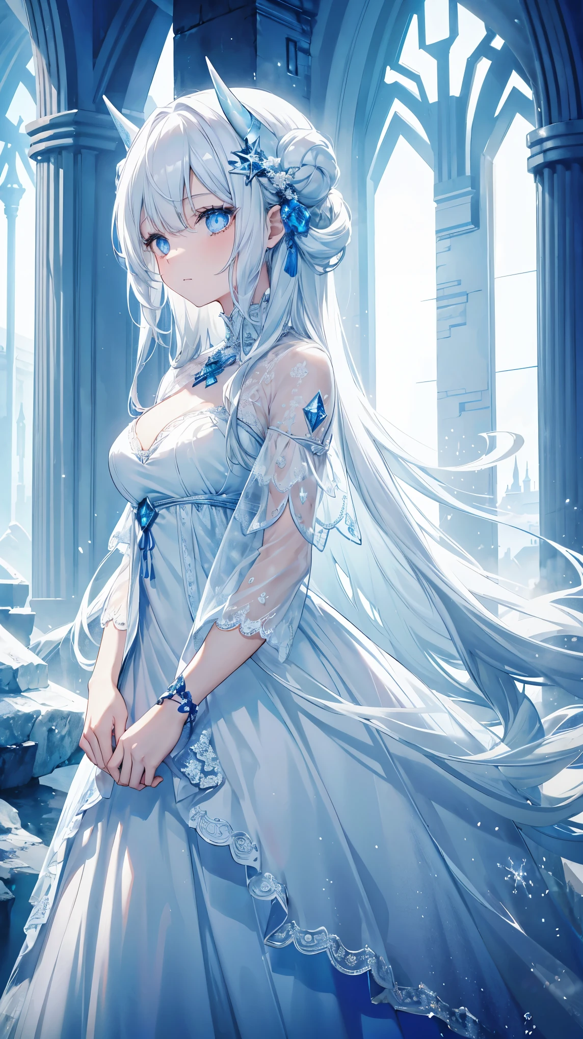 In a beautiful ice castle, There is a girl with horns. She is wearing a beautiful lace dress，White hair reaches the floor. around her, ice sculptures decorated, And her beauty is like in a dream.

girl stands quietly, But there seems to be deep sadness in her eyes. She seems to be looking for something，look around.