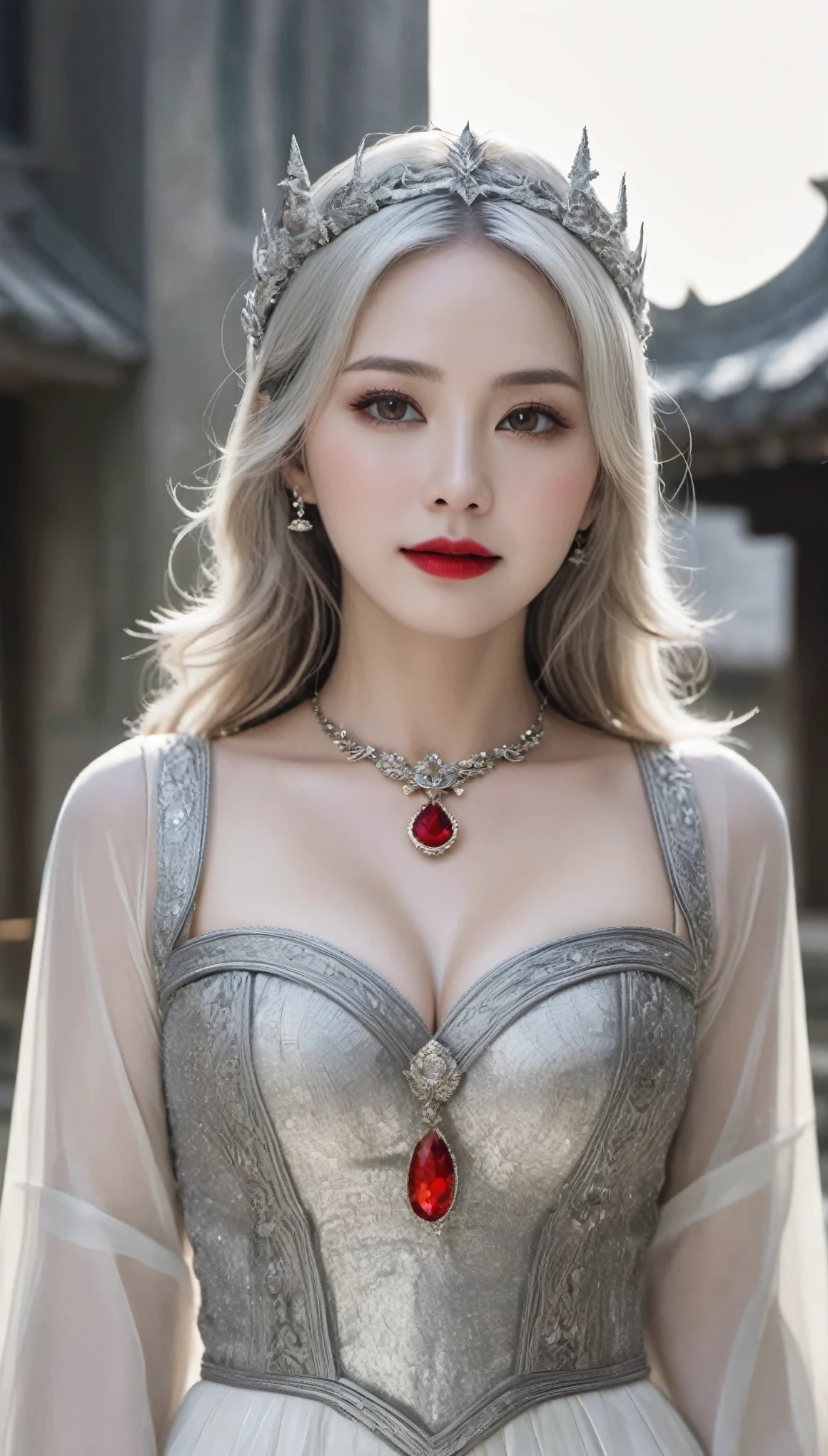 (((surreal woman)))、((very beautiful 30 year old white woman))、(((Big big cleavage)))、のWitch girl、blonde mature、plump body shape、smile、middle-aged beauty 、Very delicate and delicate skin texture、Witch girl、{(ancient ornate and luxurious temple)、(many torches are burning)}、red lips、fine scarlet eyes、(((Luxury and gorgeous silver outfit and luxurious accessories)))、I have a shining platinum wand、