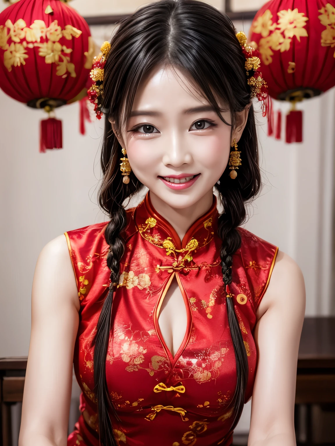 Eyes are very delicate，Wearing cheongsam with double braids，Chinese new year decoration（（grinning masterpiece）））， （（best quality））， （（intricate details））， （（surreal））（8K）