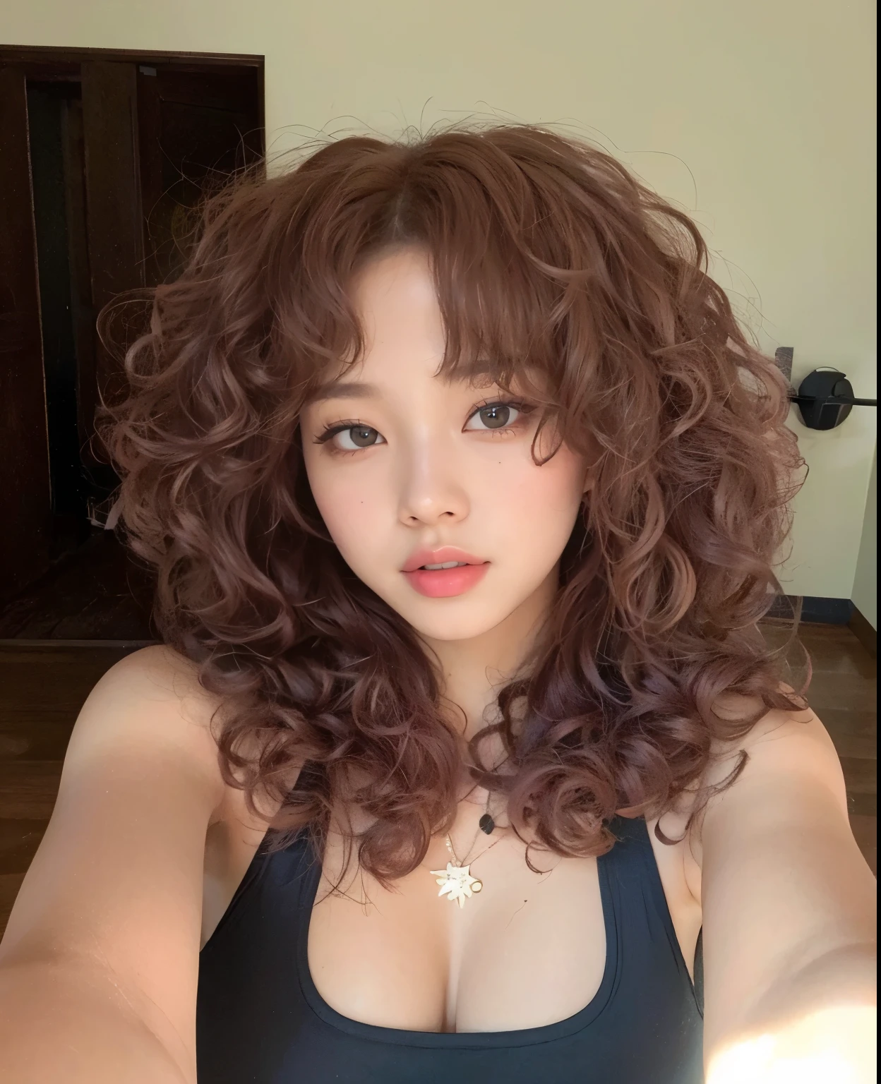 (8k, RAW photo, best quality, masterpiece), (realistic, photo-realistic), (best quality, masterpiece, intricate details:1.1), photorealistic, woman, SIGMA 50mm F1.4, (best quality, 4k, highres, masterpiece:1.2), ultra-detailed, Striped Jennie in beige dress, curly hair, Jennie, white_girl, sexy face, Good, cute face, 23 years old, black pink Jennie, big lips, Bambi style eyes, doll figure