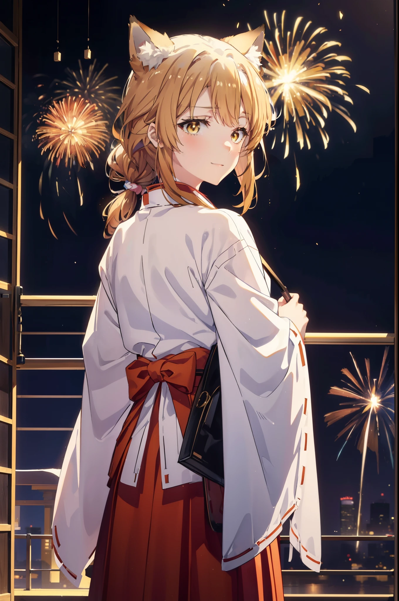 irohaisshiki, iroha isshiki, long hair, brown hair, (brown eyes:1.5), happy smile, smile, open your mouth,short braided hair,ponytail,animal ears　fox ears,Animal tail　fox tail,Platycodon,Miko, kimono, red hakama,kimono, same as skirt, wide sleeve, long sleeve, ribbon trim sleeves, white foot bag,草履
低いponytail, fireworks in the night sky、fireworks、The place is a fireworks display,Time is night,sunny day,全身がイラストに入るように
break indoors, festival,
break looking at viewer,
break (masterpiece:1.2), highest quality, High resolution, unity 8k wallpaper, (figure:0.8), (beautiful deしっぽed eyes:1.6), extremely deしっぽed face, perfect lighting, extremely deしっぽed CG, (perfect hands, perfect anatomy),