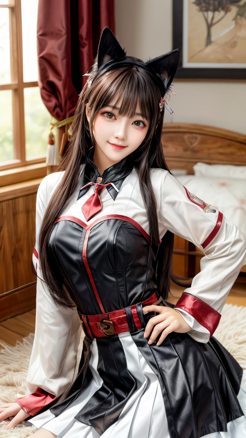 (masterpiece, best quality), 1 beautiful girl, cat ears, Smile, slim, (Uniforms:1.1), (Detailed beautiful eyes), paw mittens, bedroom, indoors,