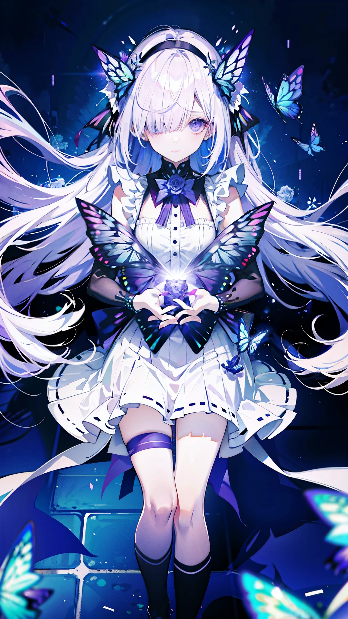 silver hair,Butterfly,long white hair,8k wallpaper,Detailed background,Highest resolution,Deep V,hair covering one eye,Bandeau style,Chis,purple Rose,tight,high socks,livestock