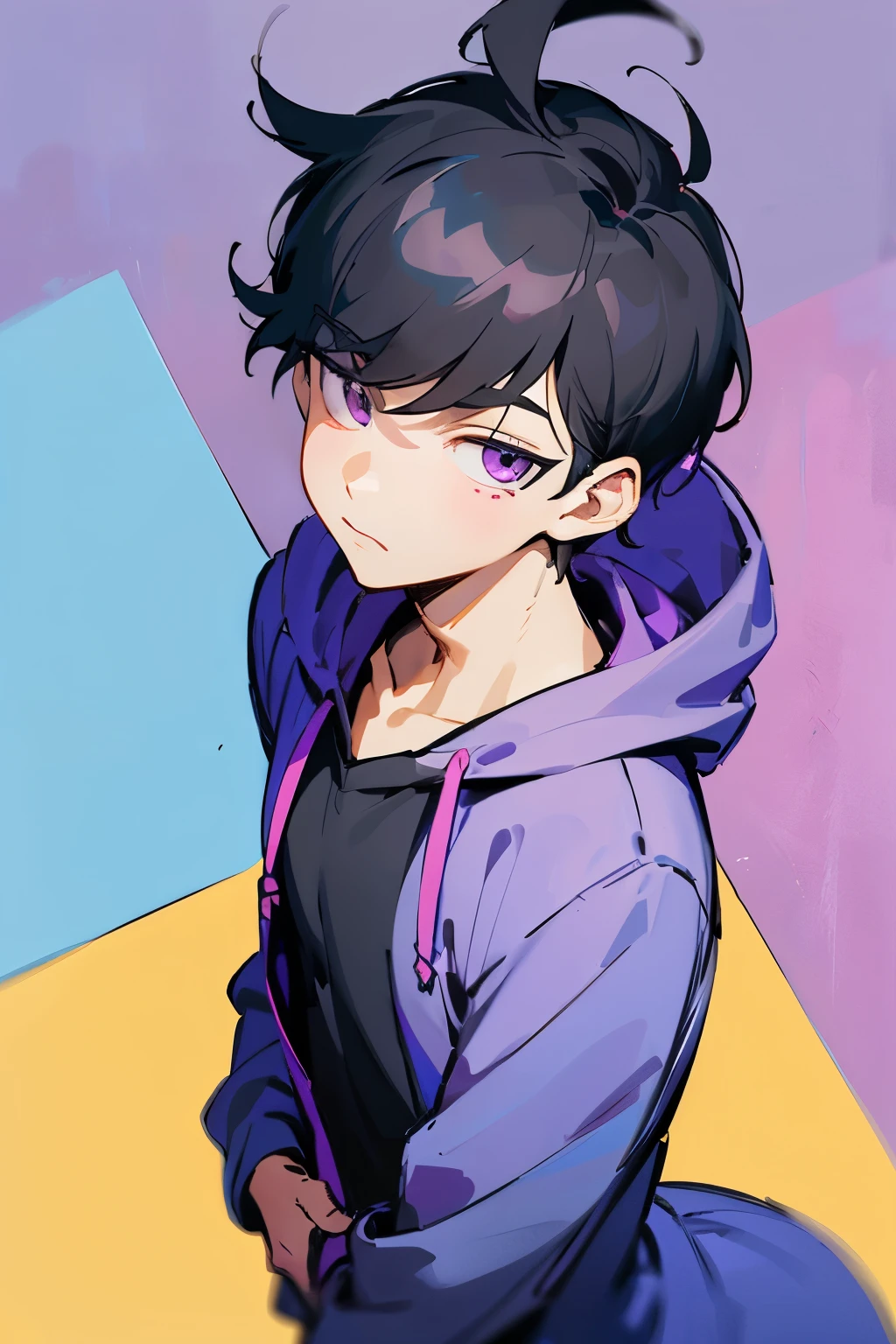 Osomatsu-san，One loose，1 person，purple hoodie，male，Stinking eyeessy hair，purple eyes，short thin eyebrows