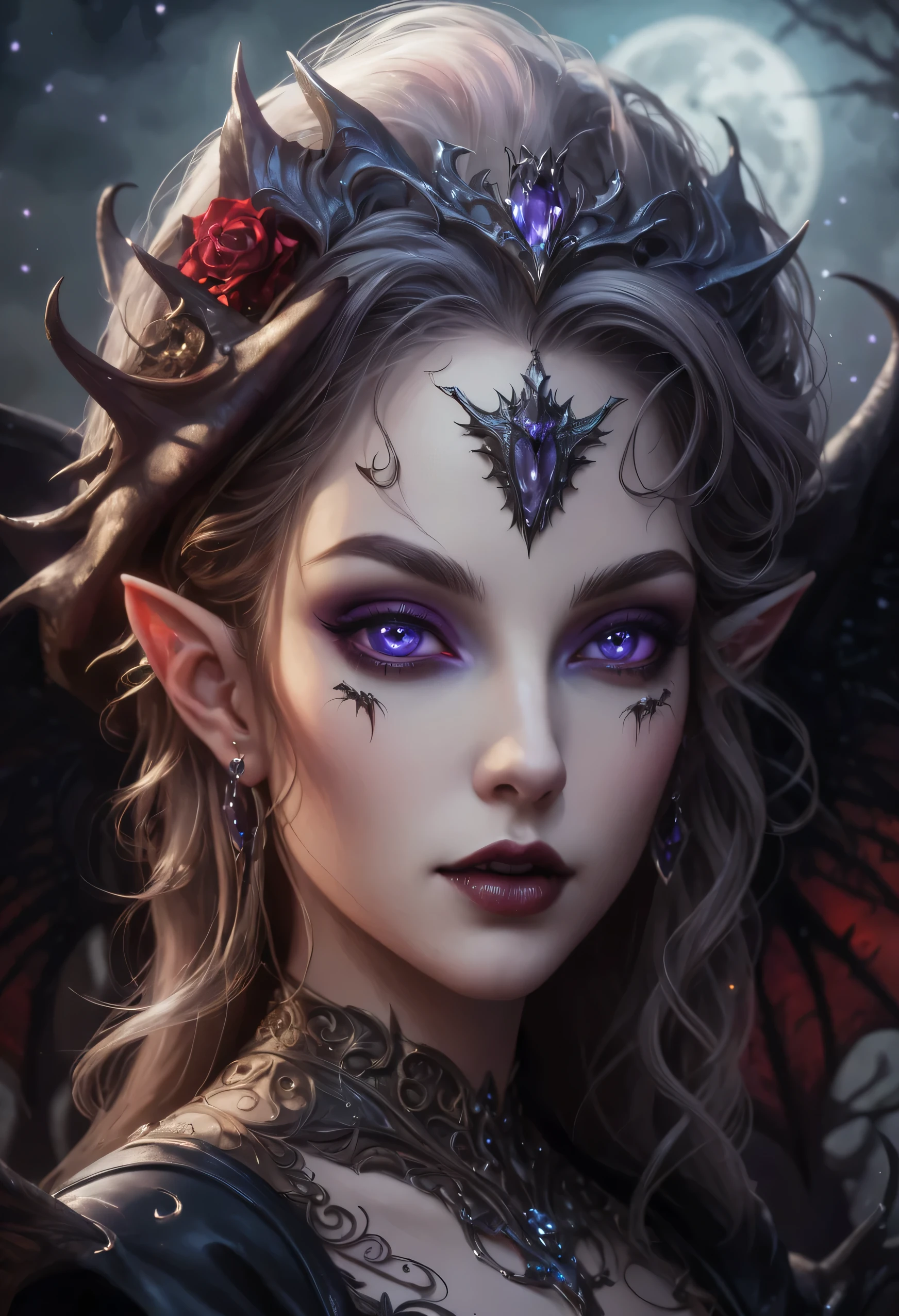 fantasy art, gothic art, (masterpiece:1.5), full body best details, highly detailed, best quality, Glowing Purple, highres, full body portrait of a vampire, elf (Masterpiece, best quality: 1.6), ultra feminine, wizard, (intricate details, Masterpiece, best quality: 1.5) with a long curvy hair, light color hair, blue eyes, (fantasy art, Masterpiece, best quality), ((beautiful delicate face)), Ultra Detailed Face (intricate details, fantasy art, Masterpiece, best quality: 1.5), [[vampiric fangs 1.5]] (red cloak: 1.3) , flowing cloak (intricate details, fantasy art, Masterpiece, best quality: 1.3), wearing an intricate black dress (intricate details, fantasy art, Masterpiece, best quality: 1.5), high heeled boots, urban background (intense details, beat details), fantasy, at night light, natural ,moon light, clouds, gothic atmosphere, soft light, dynamic light, [[anatomically correct]], high details, best quality, 8k, [ultra detailed], masterpiece, best quality, (extremely detailed), dynamic angle