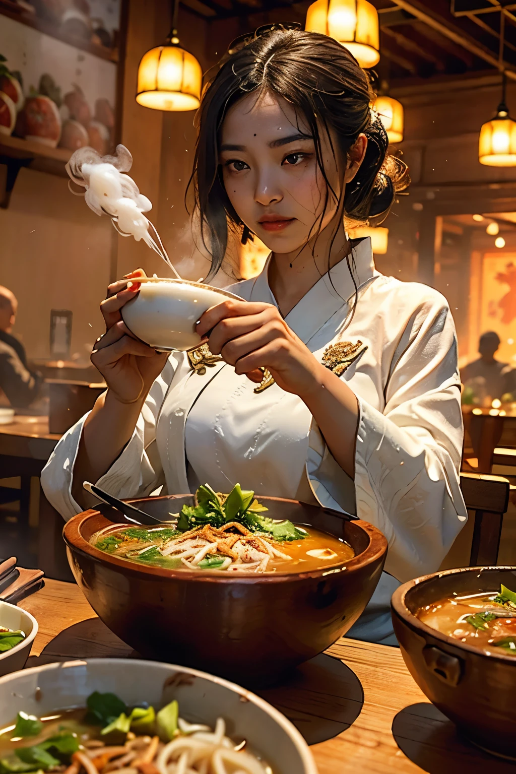 A steaming bowl of tantalizingly delicious Vietnamese pho awaits, brimming with silky rice noodles that glisten with droplets of fragrant broth. Adorned with a vibrant medley of fresh herbs, crisp bean sprouts, and a variety of greens, each bite promises a delightful interplay of textures and flavors. At the heart of this culinary masterpiece lies a savory and aromatic broth, infused with the rich, hearty essence of either succulent chicken or tender beef, beckoning the palate with every whiff. The combination of vivid colors, high-definition textures, and mouth-watering aromas