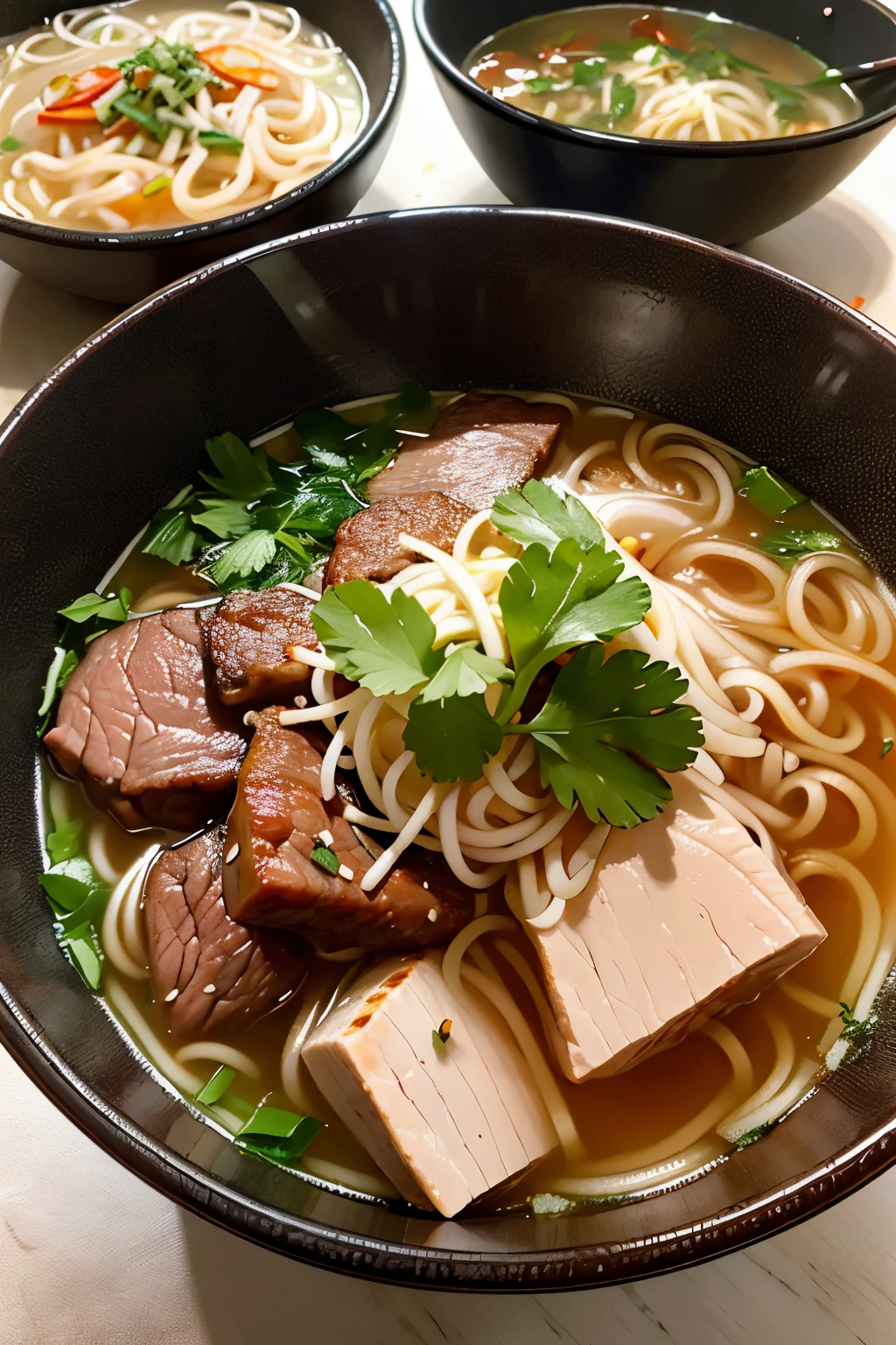 A steaming bowl of tantalizingly delicious Vietnamese pho awaits, brimming with silky rice noodles that glisten with droplets of fragrant broth. Adorned with a vibrant medley of fresh herbs, crisp bean sprouts, and a variety of greens, each bite promises a delightful interplay of textures and flavors. At the heart of this culinary masterpiece lies a savory and aromatic broth, infused with the rich, hearty essence of either succulent chicken or tender beef, beckoning the palate with every whiff. The combination of vivid colors, high-definition textures, and mouth-watering aromas