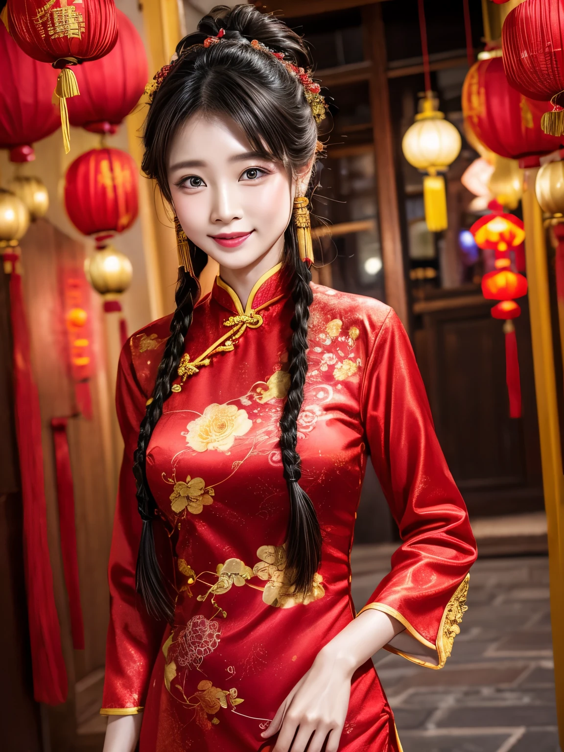 Eyes are very delicate，Wearing cheongsam with double braids，Chinese new year decoration（（grinning masterpiece）））， （（best quality））， （（intricate details））， （（surreal））（8K）