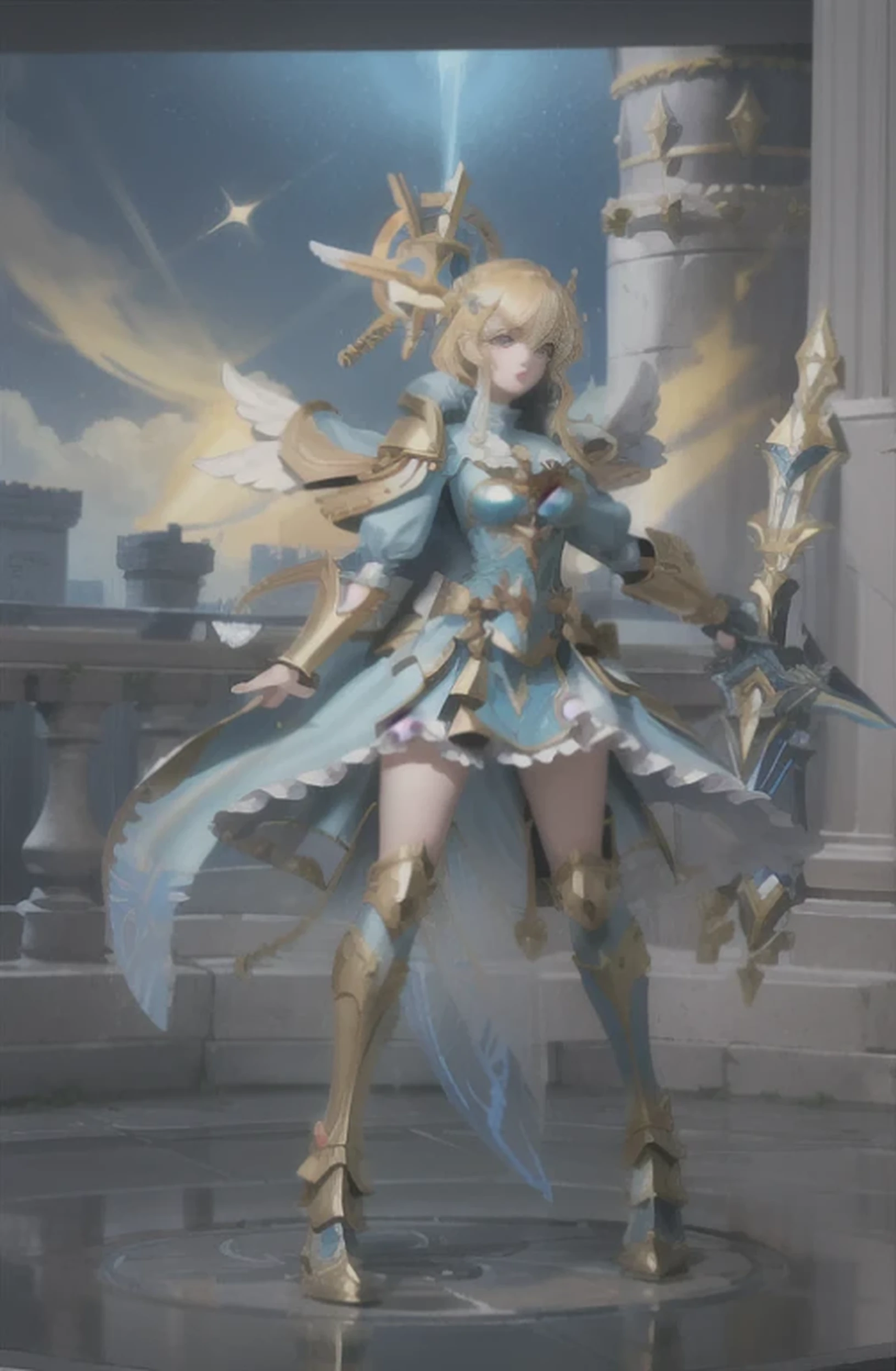 a woman in a blue dress holding a sword and a sword, angelic golden armor, mechanized valkyrie girl, mystical valkyrie, mystical atlantean valkyrie, angel knight girl, gold paladin, armor angle with wing, as a mystical valkyrie, seraphine ahri kda, epic paladin armor, knights of zodiac girl, paladin golden armor