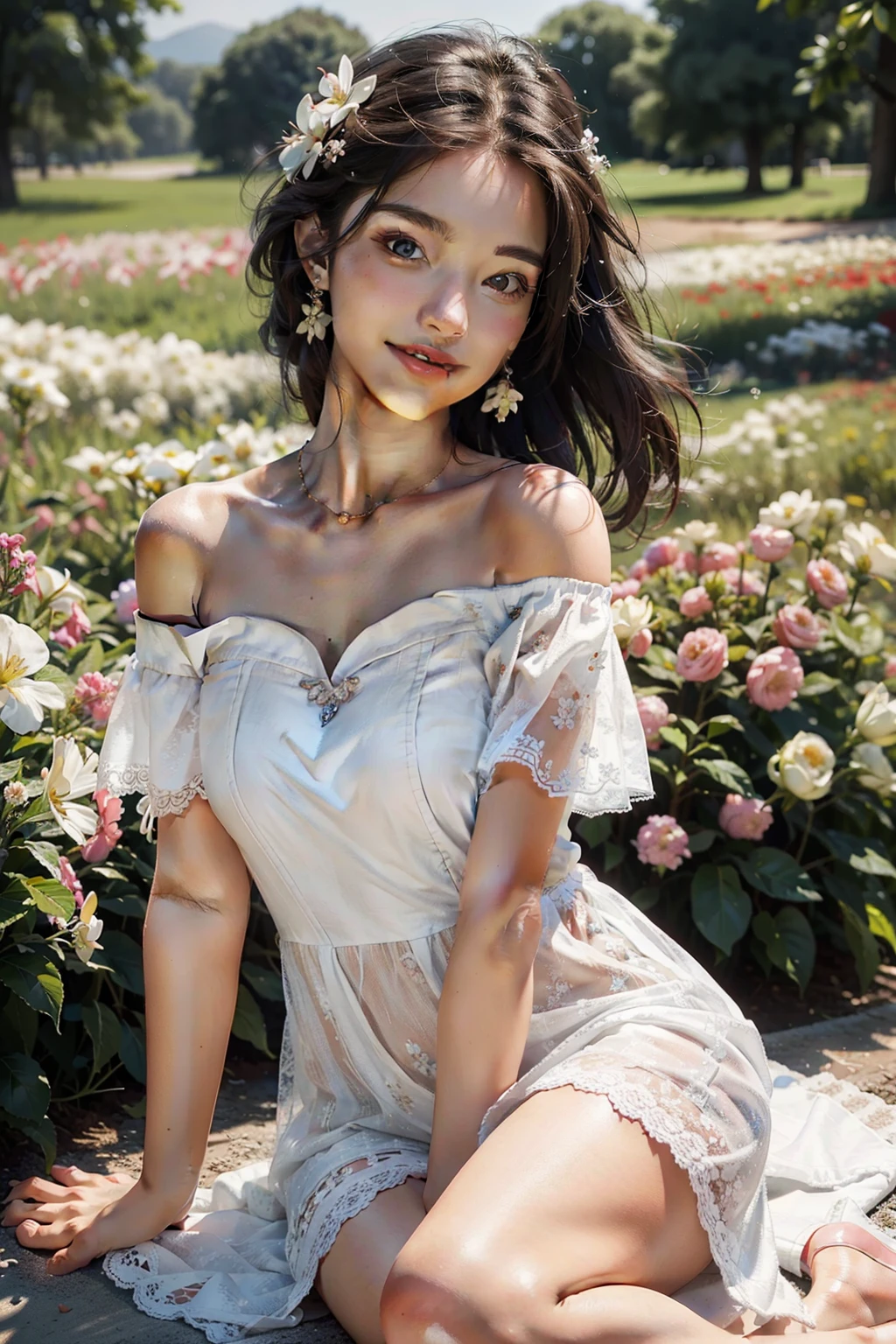 Best quality, masterpiece, ultra high res, (photorealistic:1.4), raw photo, 1girl, white dress, off shoulder, blossom flower field, glowing skin, light smile