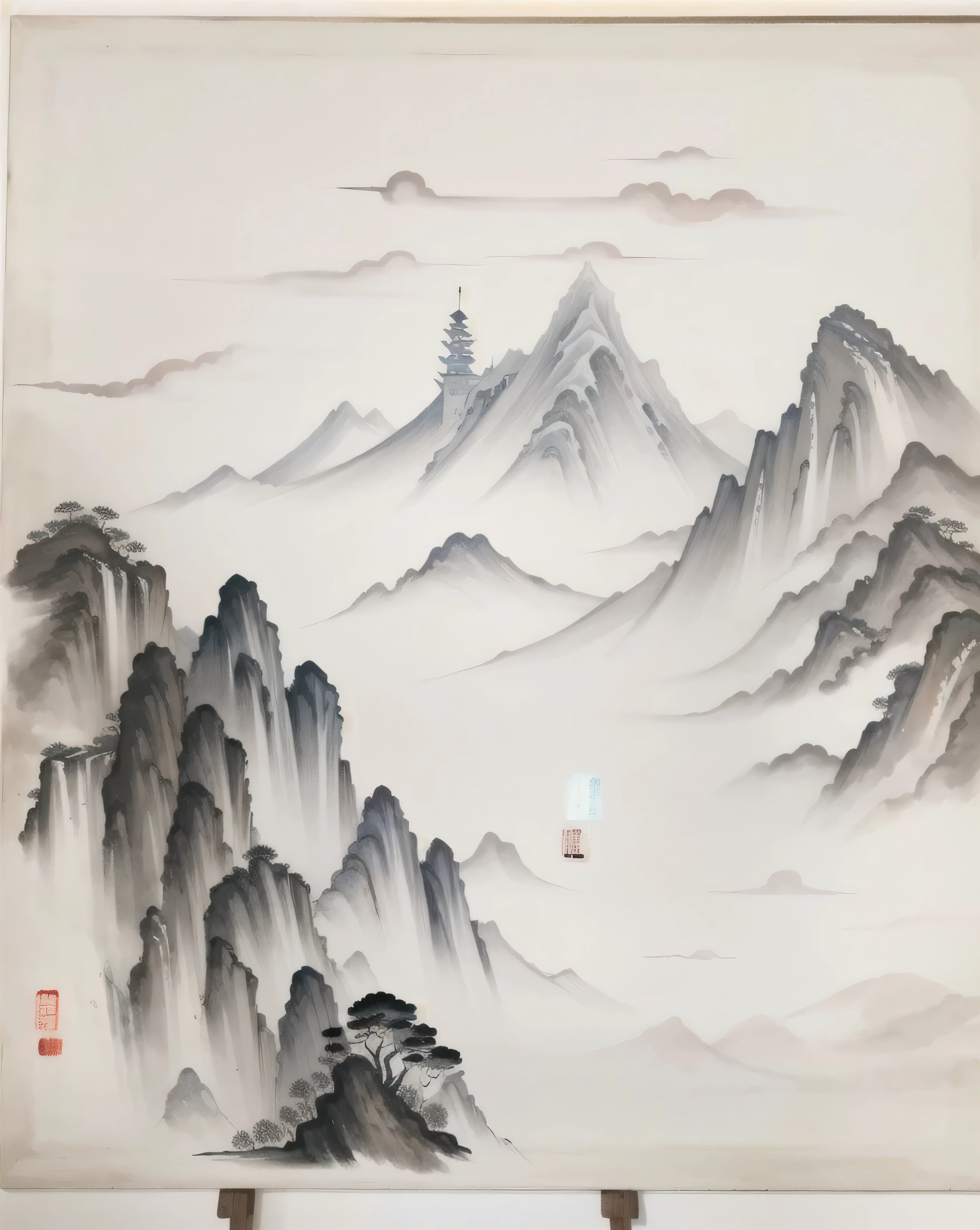 a black and white photo of a painting of a mountain range, chinese style painting, detailed scenery —width 672, chinese painting style, museum ink painting, chinese landscape, ink painting ) ) ) ), scenery artwork, traditional chinese ink painting, ancient china art style, beautiful render of tang dynasty, traditional chinese painting, oriental wallpaper, chinese watercolor style