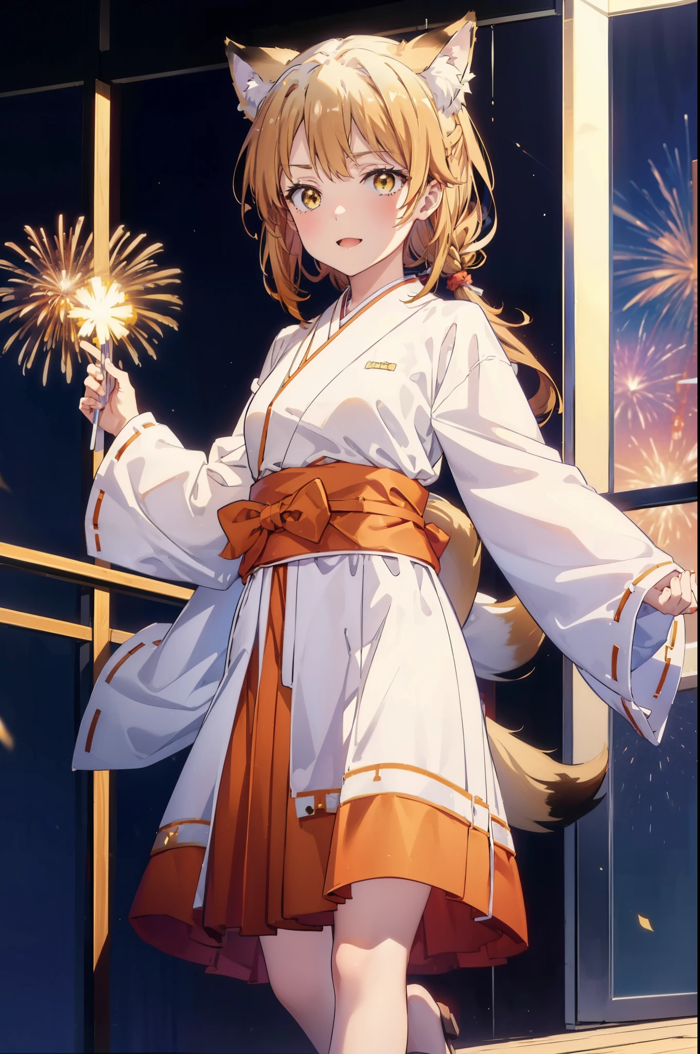 irohaisshiki, iroha isshiki, long hair, brown hair, (brown eyes:1.5), happy smile, smile, open your mouth,short braided hair,ponytail,animal ears fox ears,Animal tail fox tail,Platycodon,Miko, kimono, red hakama,kimono, same as skirt, wide sleeve, long sleeve, ribbon trim sleeves, white foot bag,Zori sandals,fireworks in the night sky、fireworks、The place is a fireworks display,Time is night,sunny day,全身がイラストに入るように
break indoors, festival,
break looking at viewer,
break (masterpiece:1.2), highest quality, High resolution, unity 8k wallpaper, (figure:0.8), (beautiful deしっぽed eyes:1.6), extremely deしっぽed face, perfect lighting, extremely deしっぽed CG, (perfect hands, perfect anatomy),