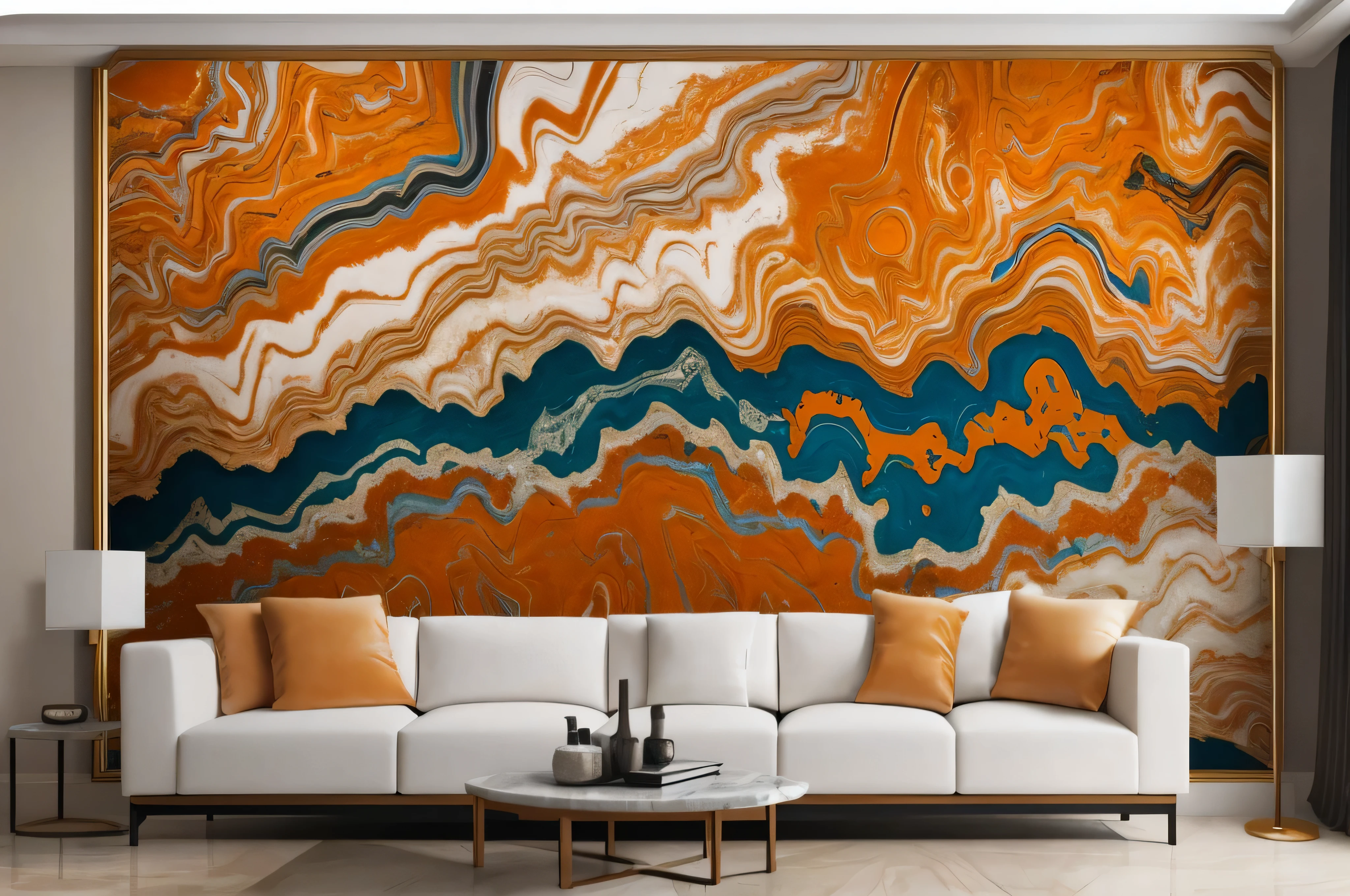 a close up of a couch in a room with a large painting on the wall, carved marble texture silk cloth, 4k/8, living room wall background, circuitry. 8k 3d geology, decorated polished wood, 3 d oil painting, maximalist sculpted design, exaggerated texture, wall mural, 8 k highly detailed art, (rust)