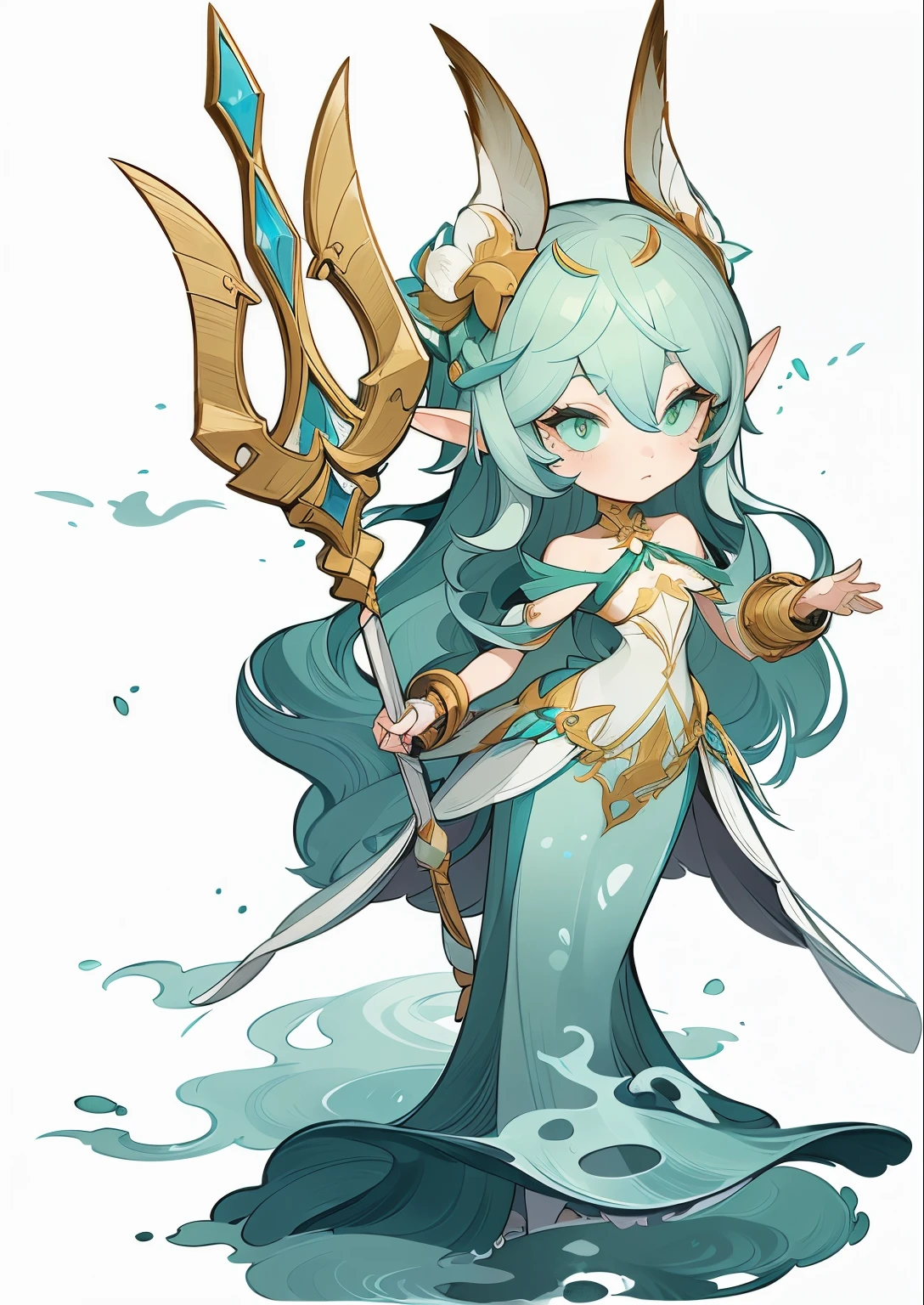 Q version，clear face，facial features，green eyes，eyelashes，digital illustration,Daughter of the sea，golden harpoon，golden sceptesh scales，elf ears，Long turquoise hair，Game characters，game portrait，water element，water effects， Exquisite details, a amazingly fair woman, A flowing white dress，手臂上也有fish scales形状，腹部是fish scales形状的贴片，Wave-like skirt，blue dress，White shoulders and collarbones，Slender white arms，Wearing a golden bracelet on the hand，beautiful sharp nails，, (Drop from above:1.3), Her toes barely touch the vast mirror-like ocean, (Delicate ripples appear in the water:1.2), floating, look down, Calm expression, God loves, natural lighting, Vibrant Prismatic Colors, (The Art of Studio Ghibli:1.3), Sunrise in the background, amazing sky, Gorgeous details, fair, amazing, fragile, crystal clear, draw well, dynamic composition, anime style， No type, Kushat Kenzi, whole body concept, High quality character design, (((solo))), The Art of Character Design, ((very simple background))、(Game character design), White background（（（flat color）））